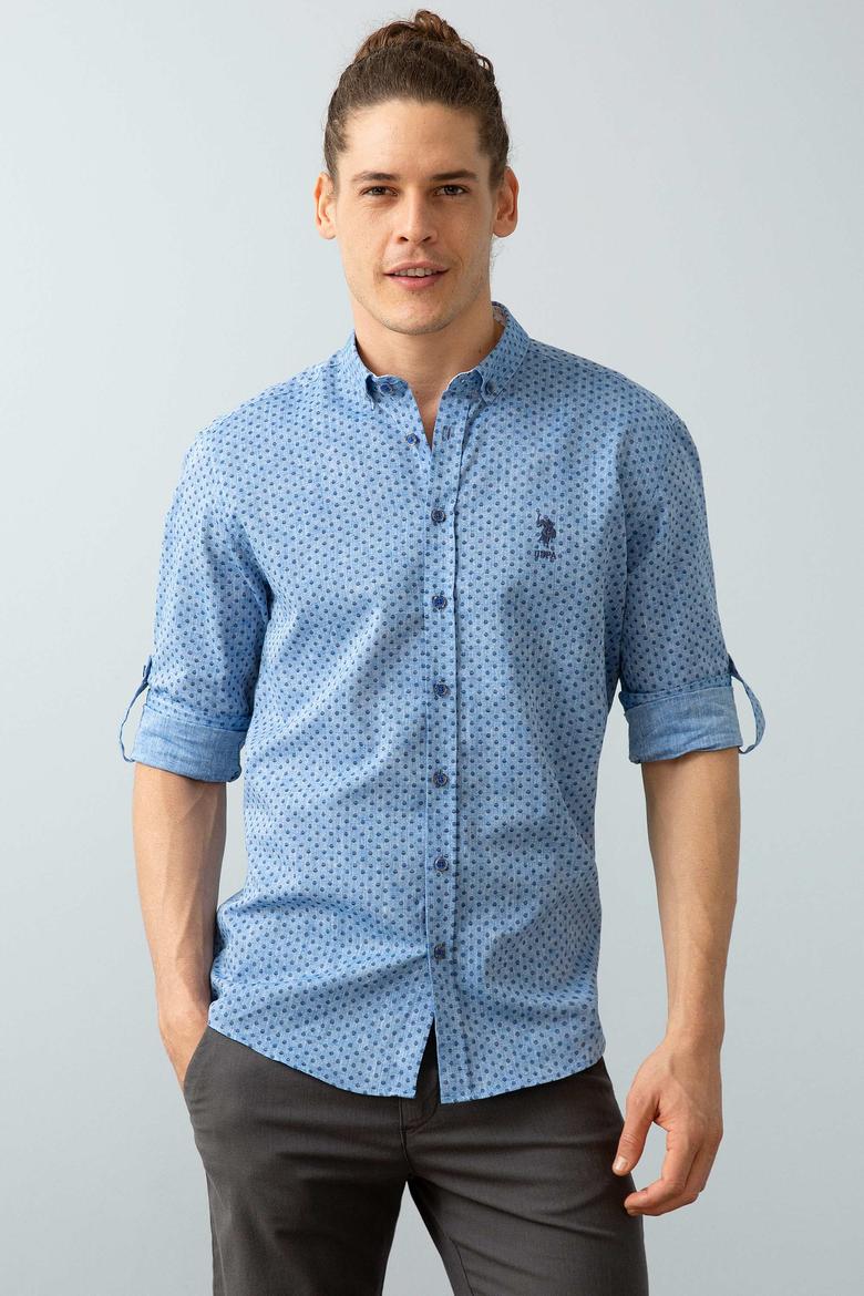Erkek İndigo Desenli Gömlek Uzunkol