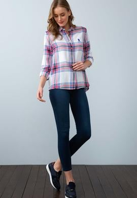 Kadın Ekoseli Beyaz Gömlek Uzunkol - 50199217018