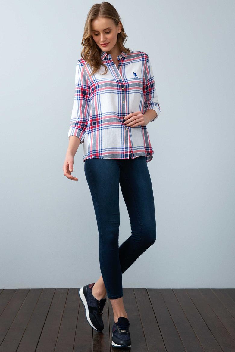 Kadın Ekoseli Beyaz Gömlek Uzunkol - 50199217018