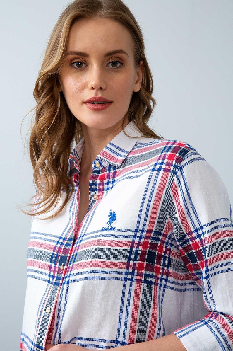 Kadın Ekoseli Beyaz Gömlek Uzunkol