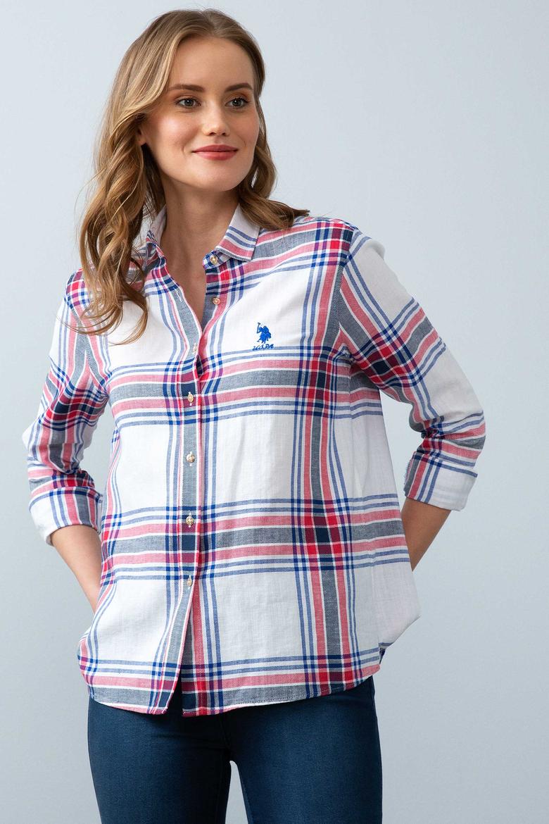 Kadın Ekoseli Beyaz Gömlek Uzunkol - 50199217018