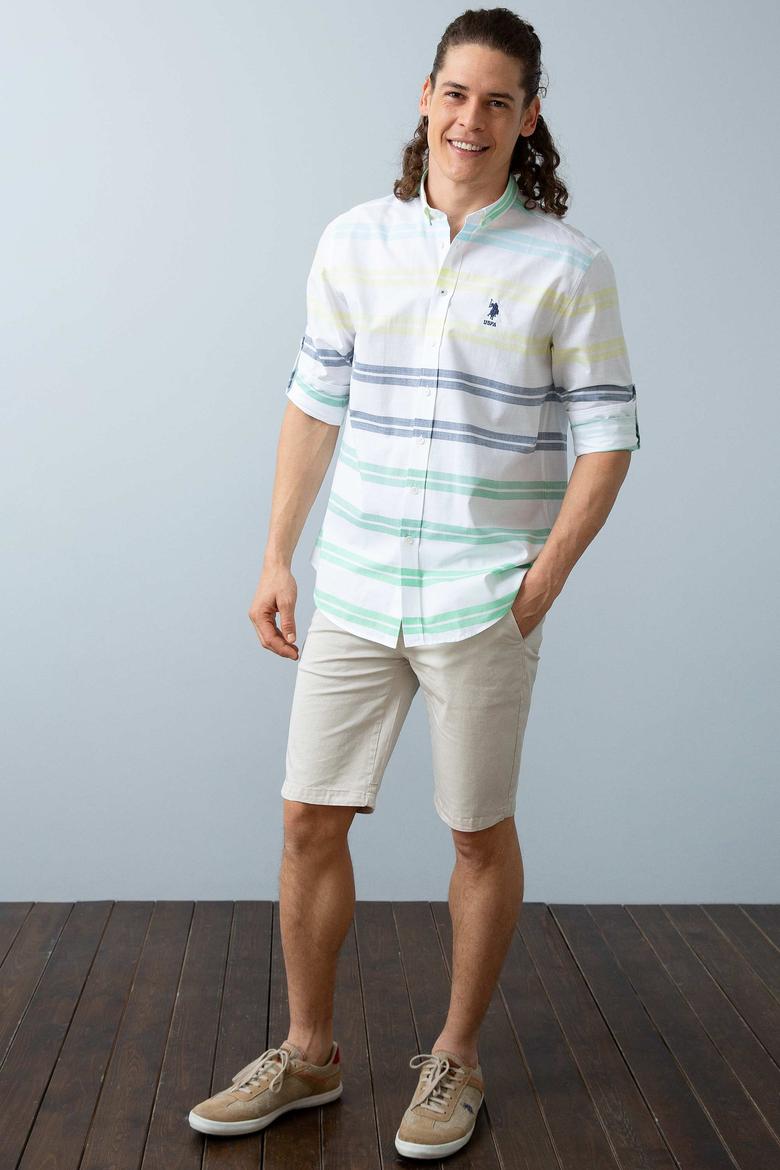 Erkek Yeşil Sarı Yatay Çizgili Gömlek Uzunkol - 50199364001