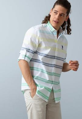 Erkek Yeşil Sarı Yatay Çizgili Gömlek Uzunkol - 50199364001