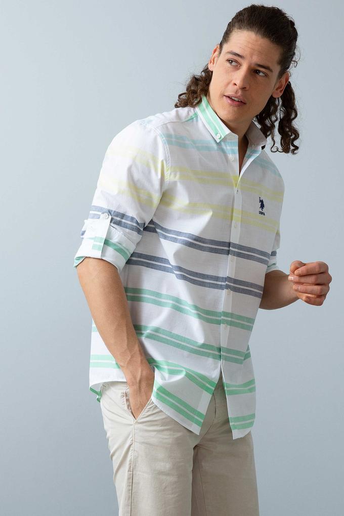 Erkek Yeşil Sarı Yatay Çizgili Gömlek Uzunkol