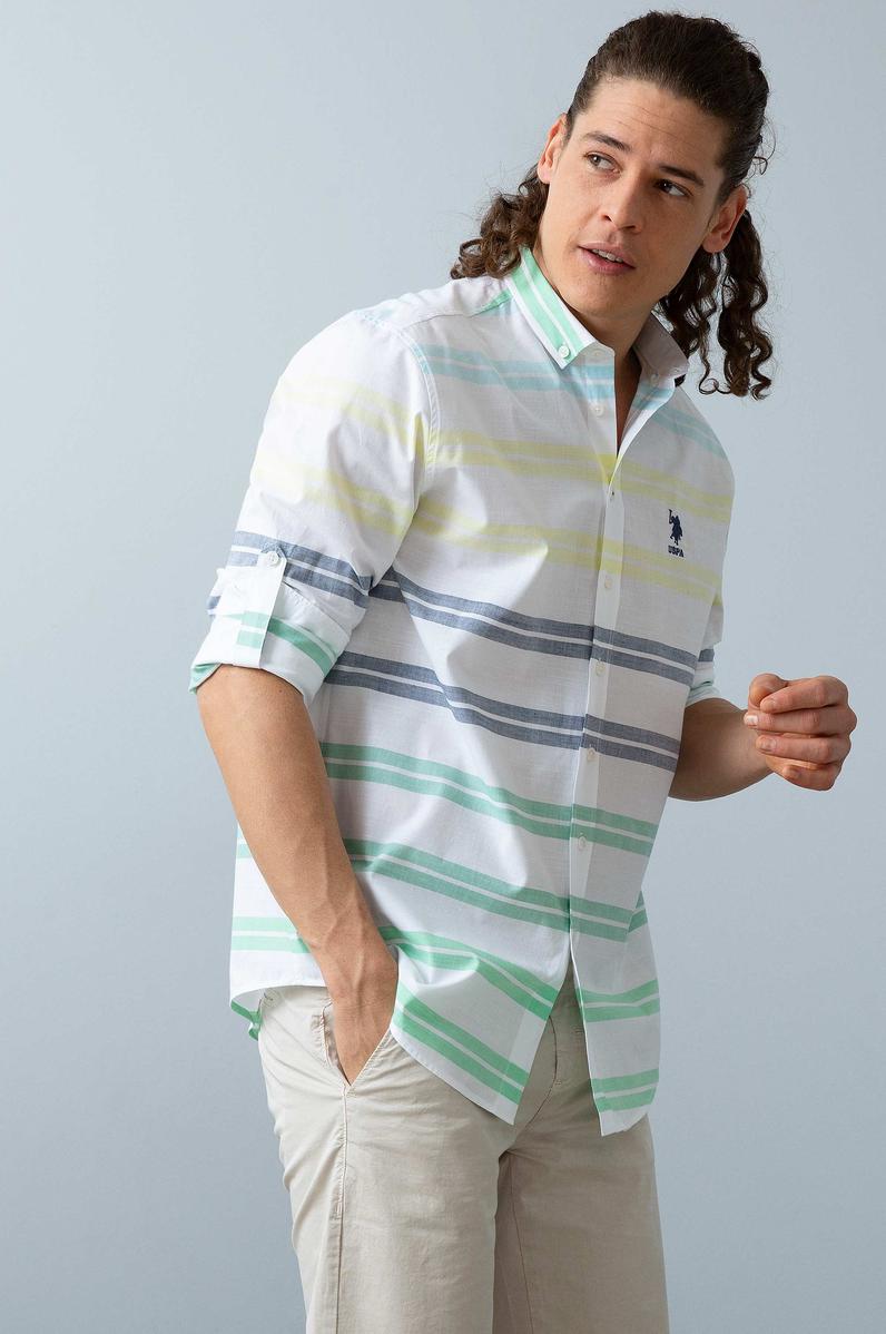Erkek Yeşil Sarı Yatay Çizgili Gömlek Uzunkol