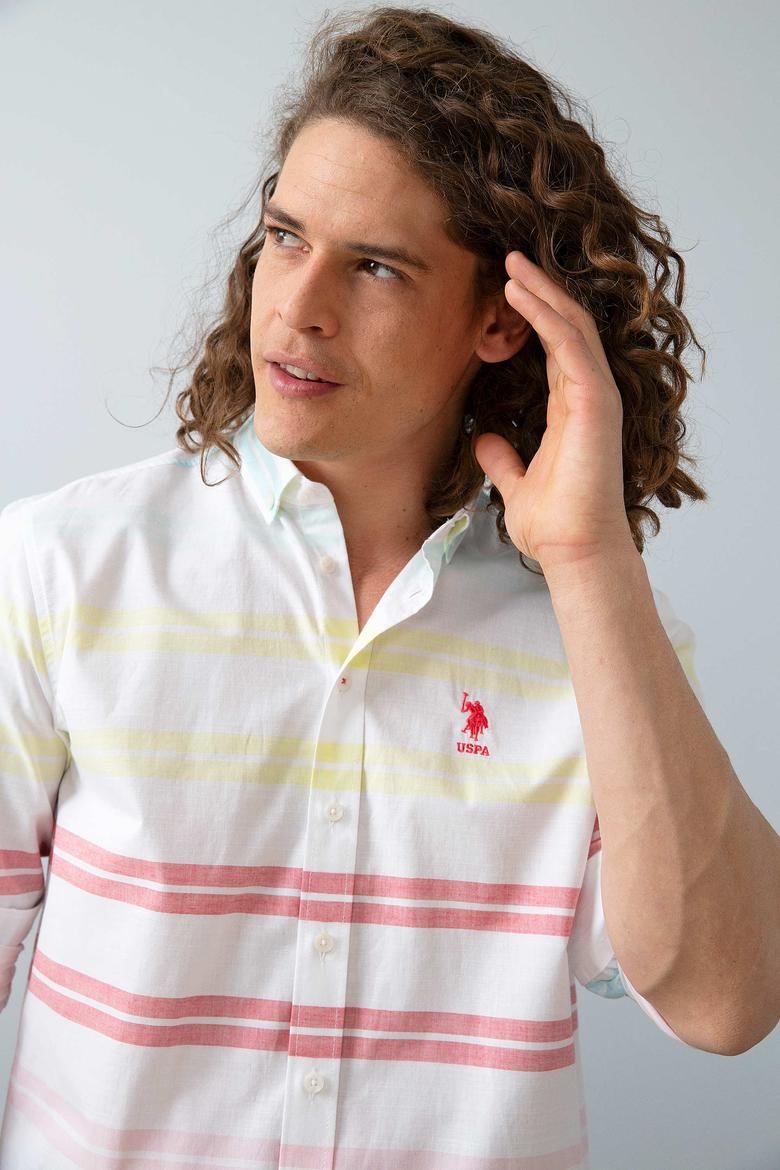 Erkek Kırmızı Sarı Yatay Çizgili Gömlek Uzunkol - 50199364024