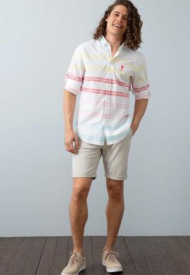 Erkek Kırmızı Sarı Yatay Çizgili Gömlek Uzunkol - 50199364024