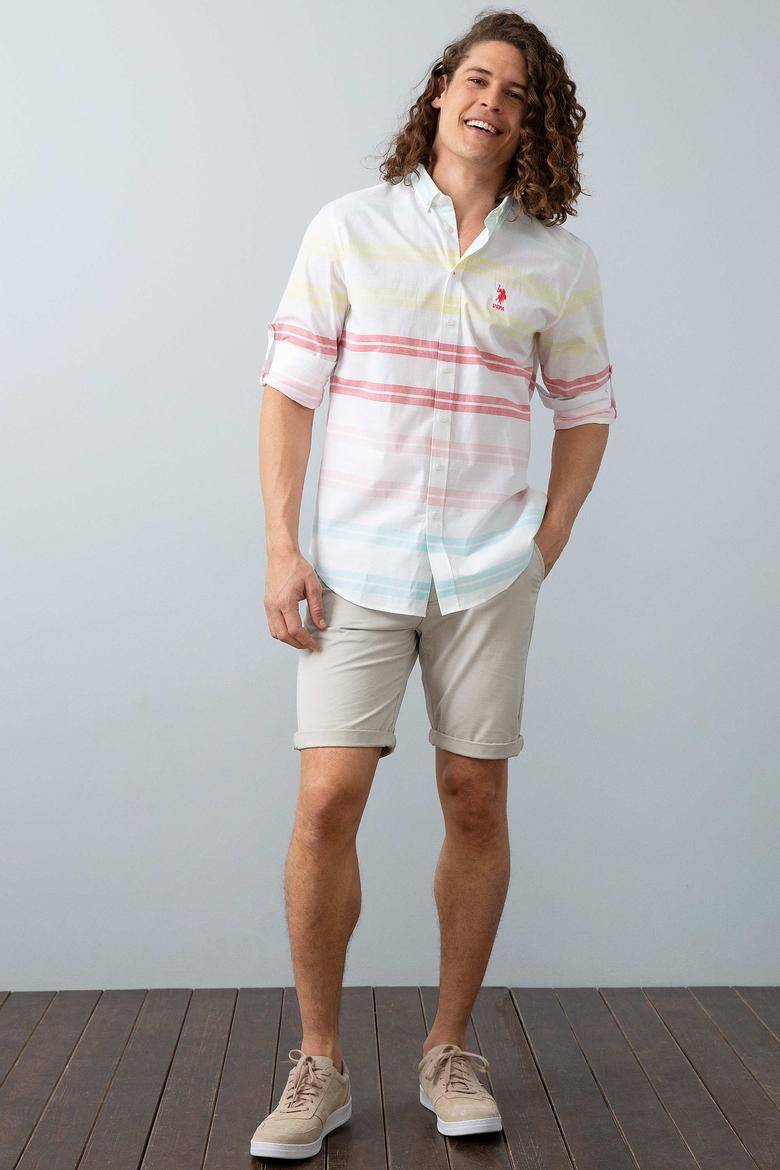 Erkek Kırmızı Sarı Yatay Çizgili Gömlek Uzunkol - 50199364024