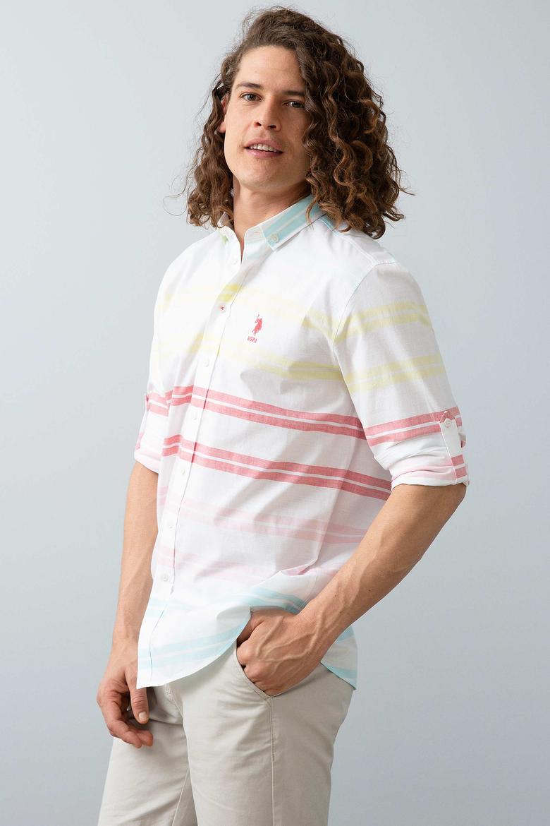 Erkek Kırmızı Sarı Yatay Çizgili Gömlek Uzunkol