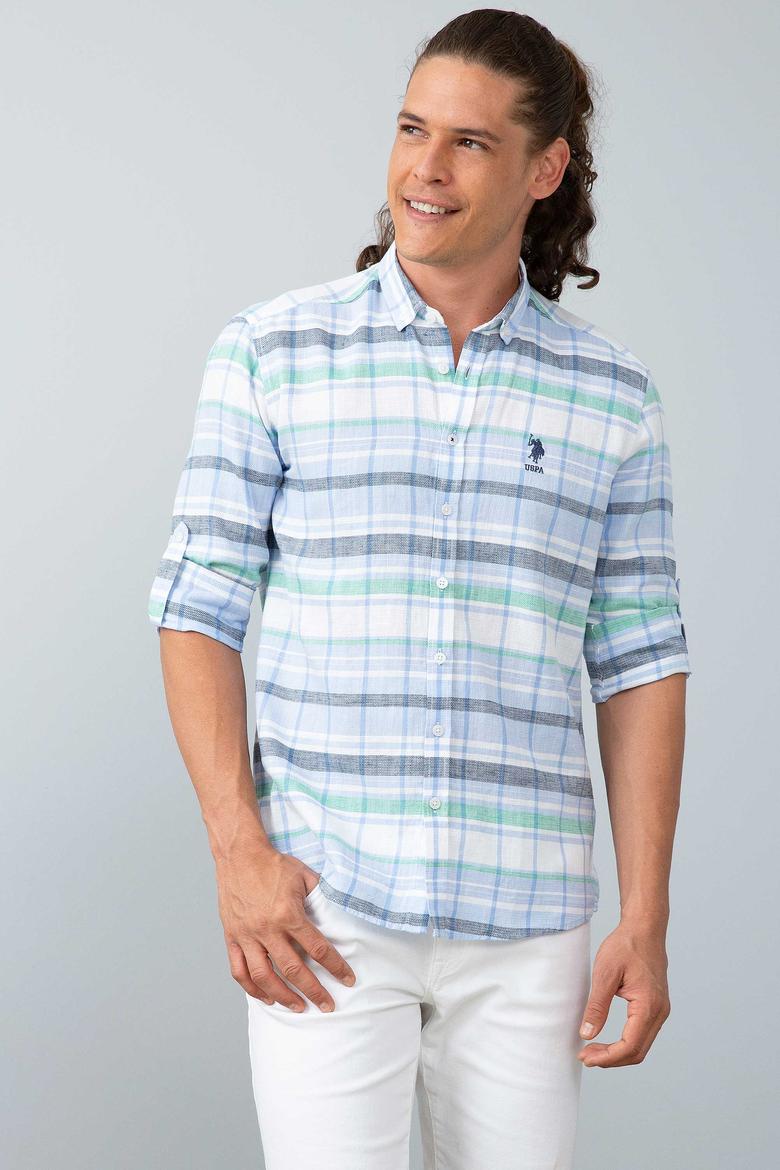 Erkek Mavi Ekoseli Gömlek Uzunkol