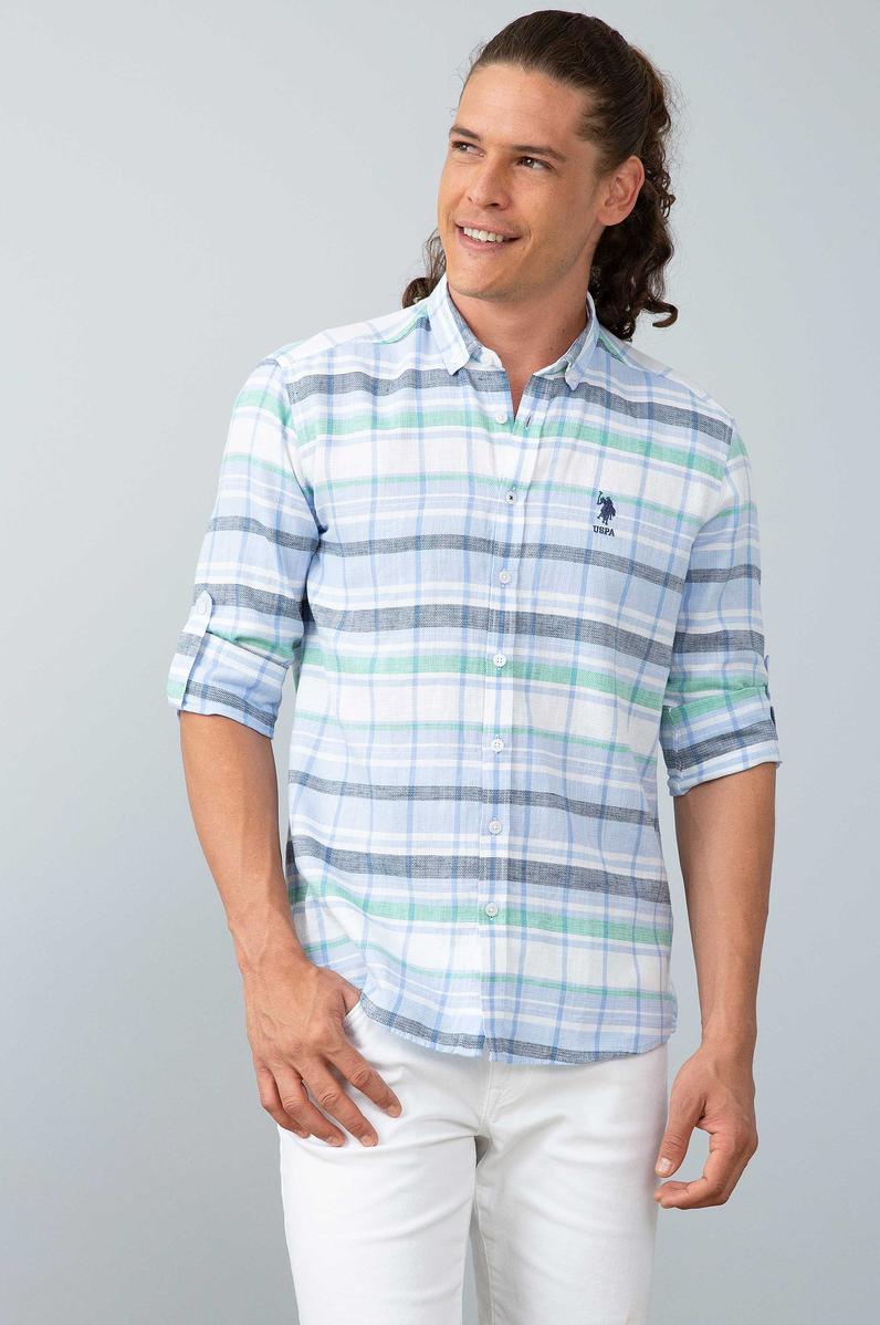 Erkek Mavi Ekoseli Gömlek Uzunkol