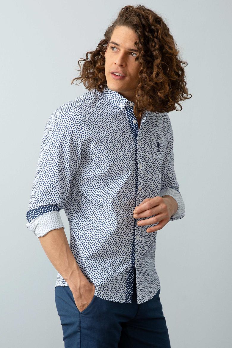 Erkek Mavi Desenli Gömlek Uzunkol