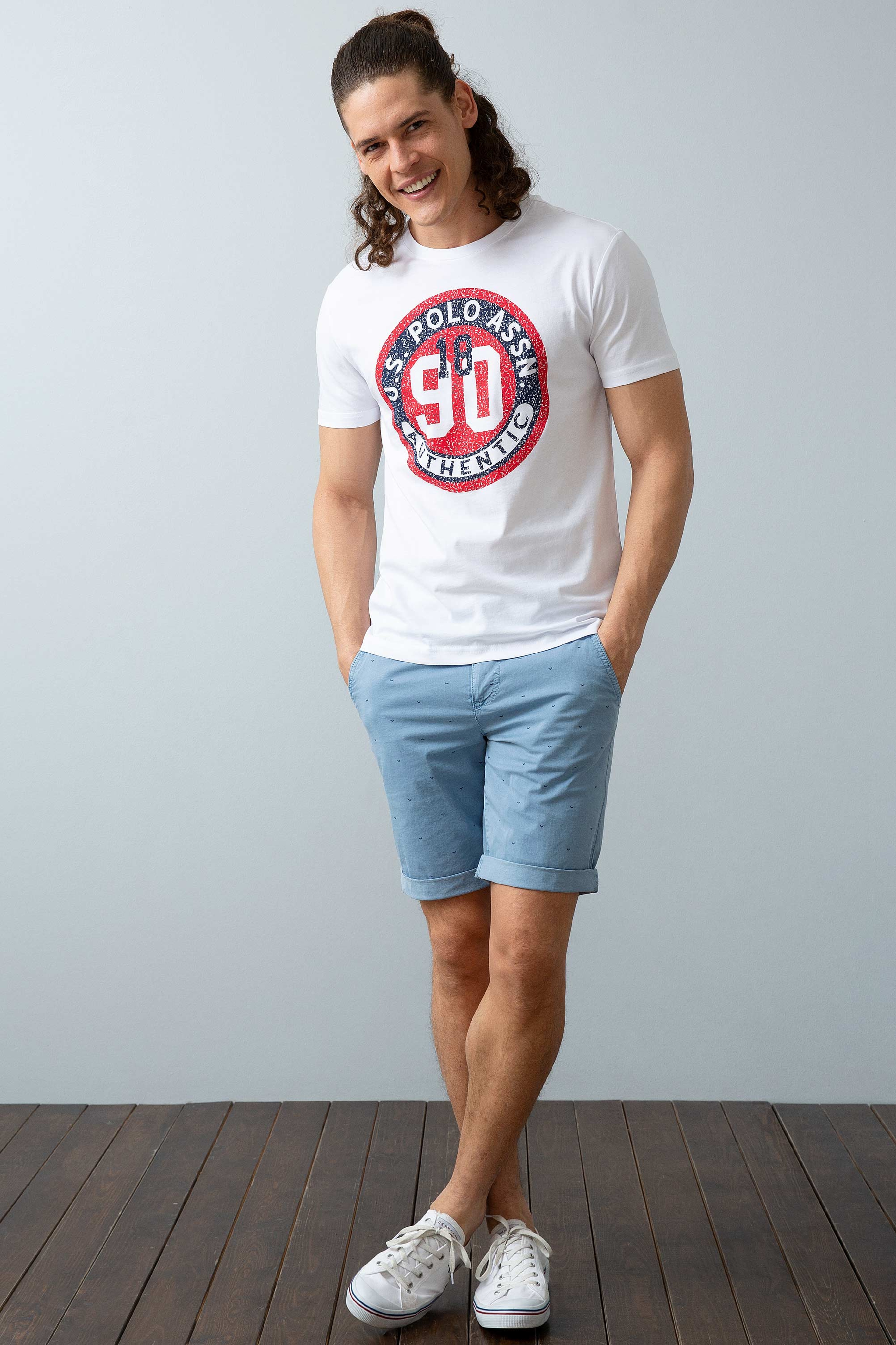 Erkek Beyaz Bisiklet Yaka T-Shirt - Image 2