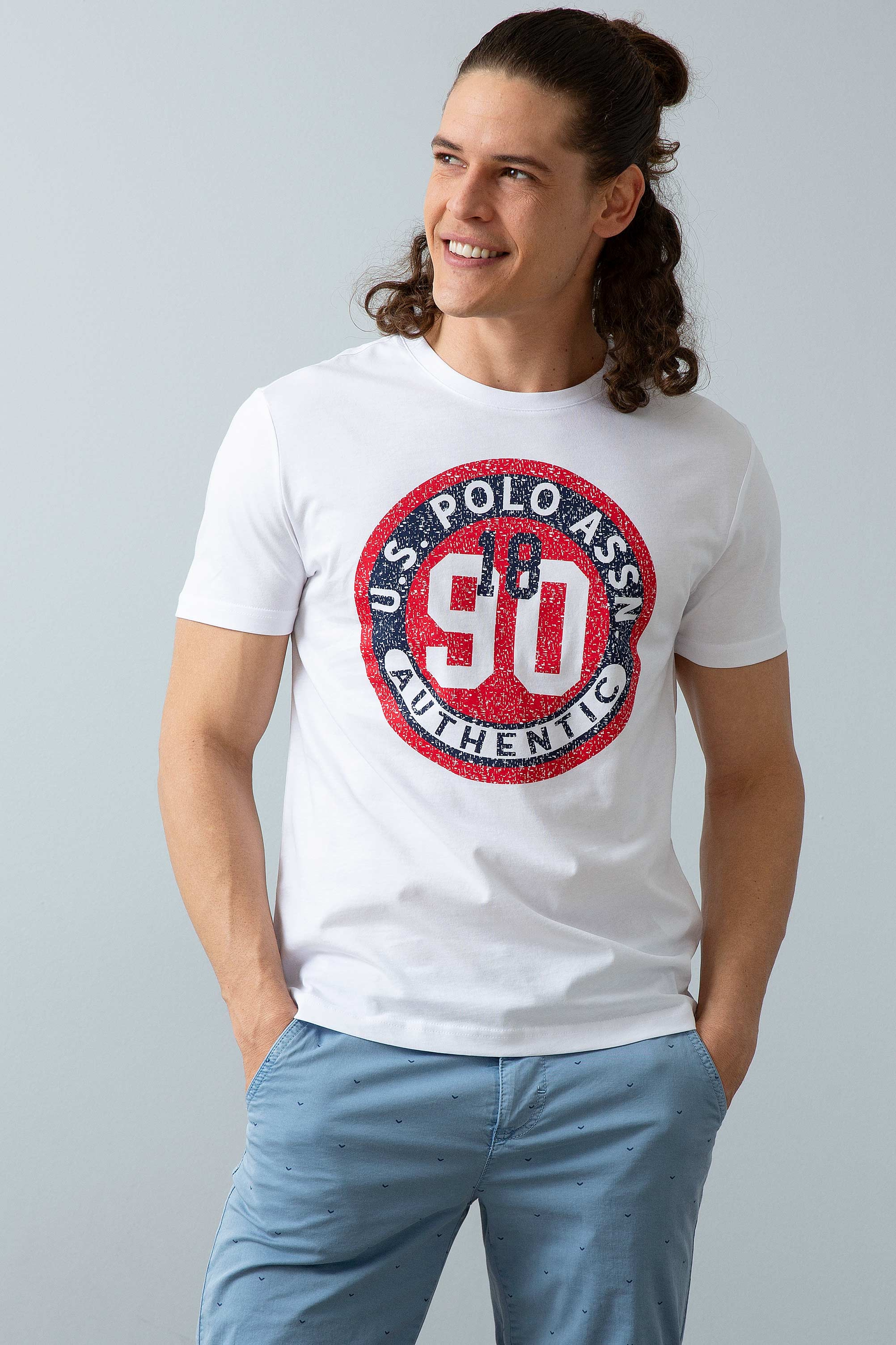 Erkek Beyaz Bisiklet Yaka T-Shirt - Image 1