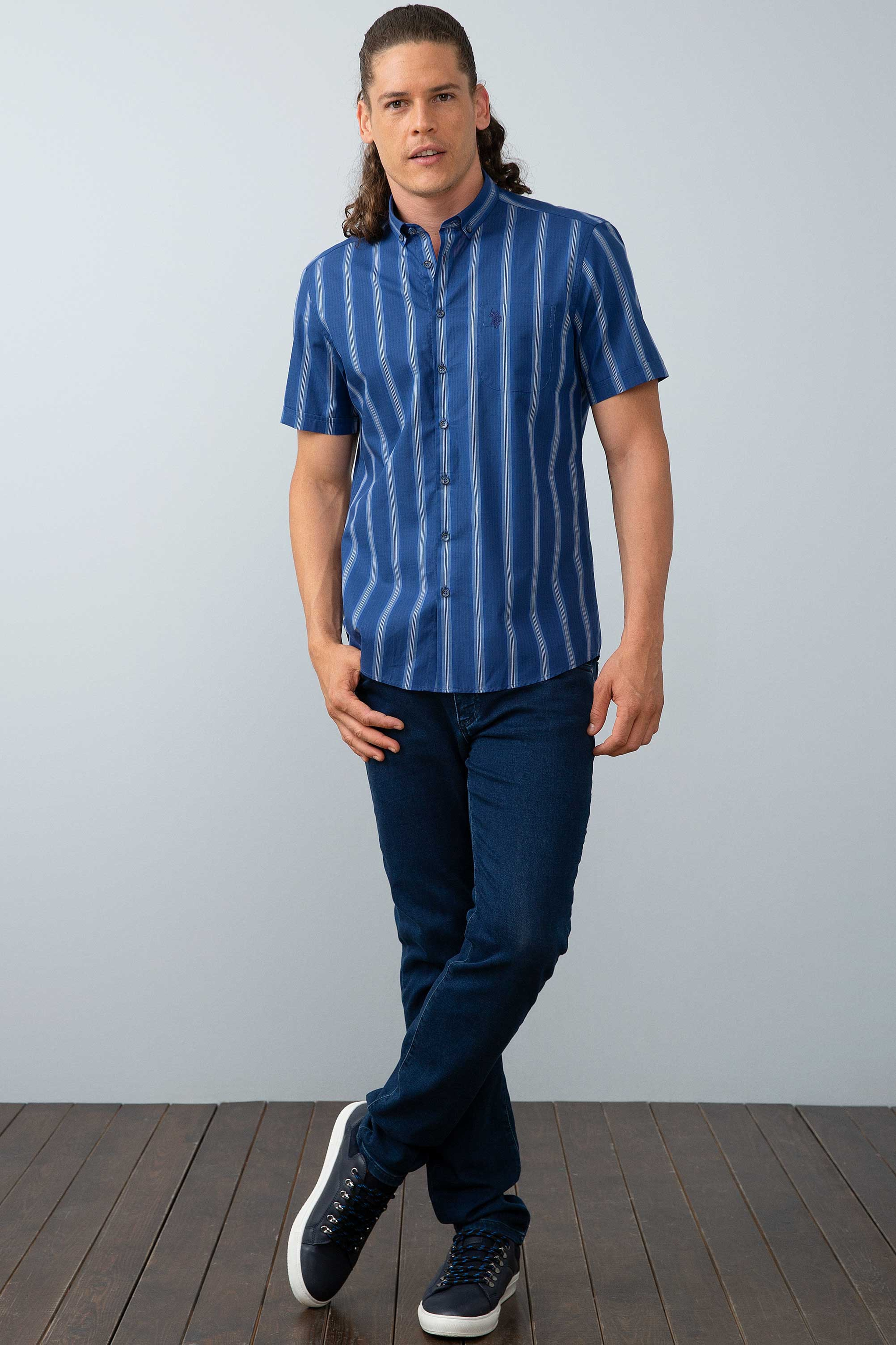 Erkek Lacivert Çizgili Gömlek Kısakol - Image 2