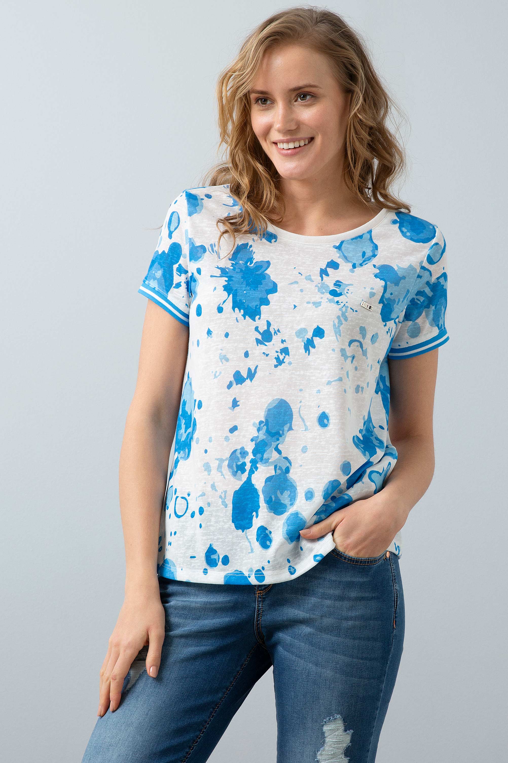 Kadın Mavi Bisiklet Yaka T-Shirt - Image 1