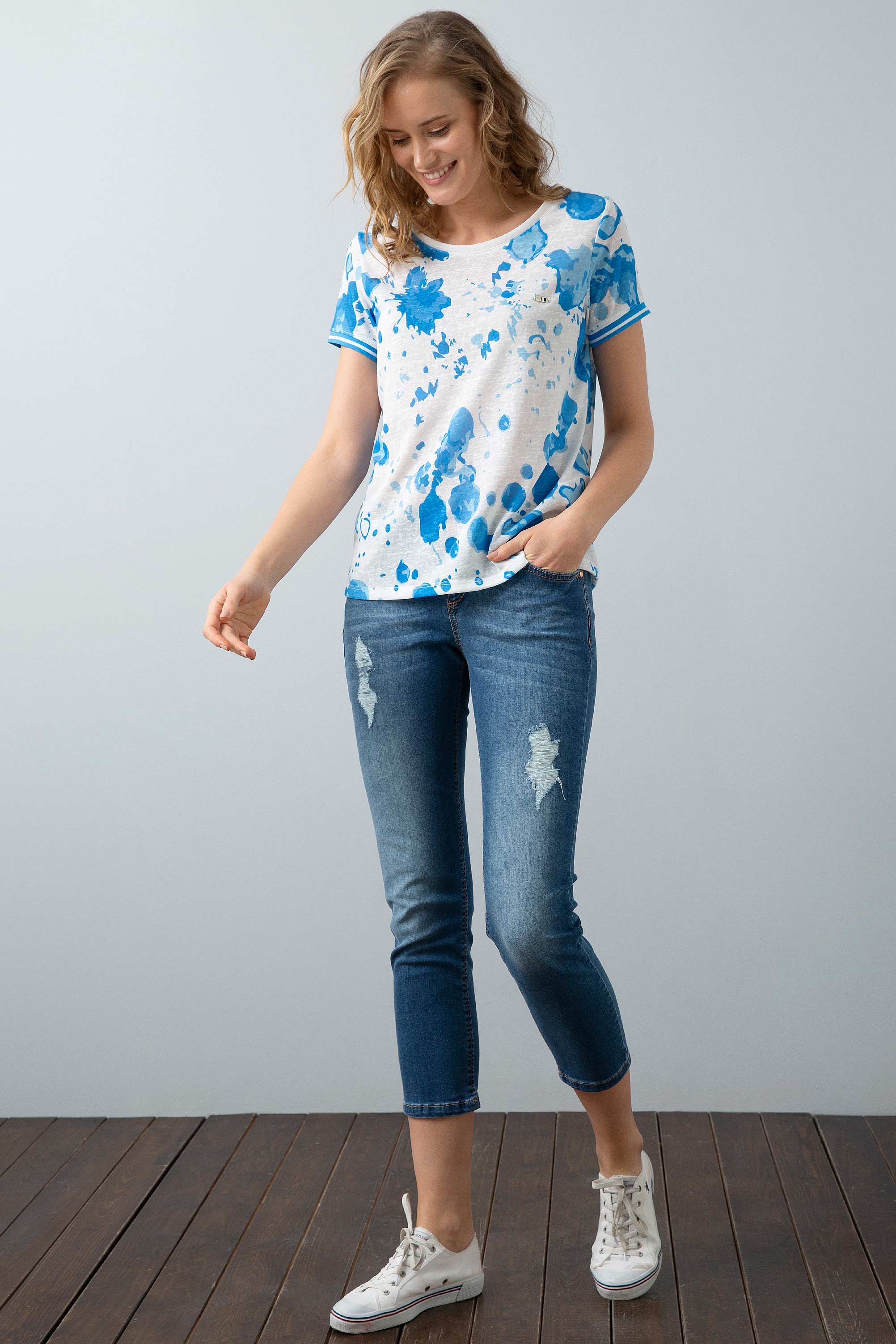 Kadın Mavi Bisiklet Yaka T-Shirt - Image 2