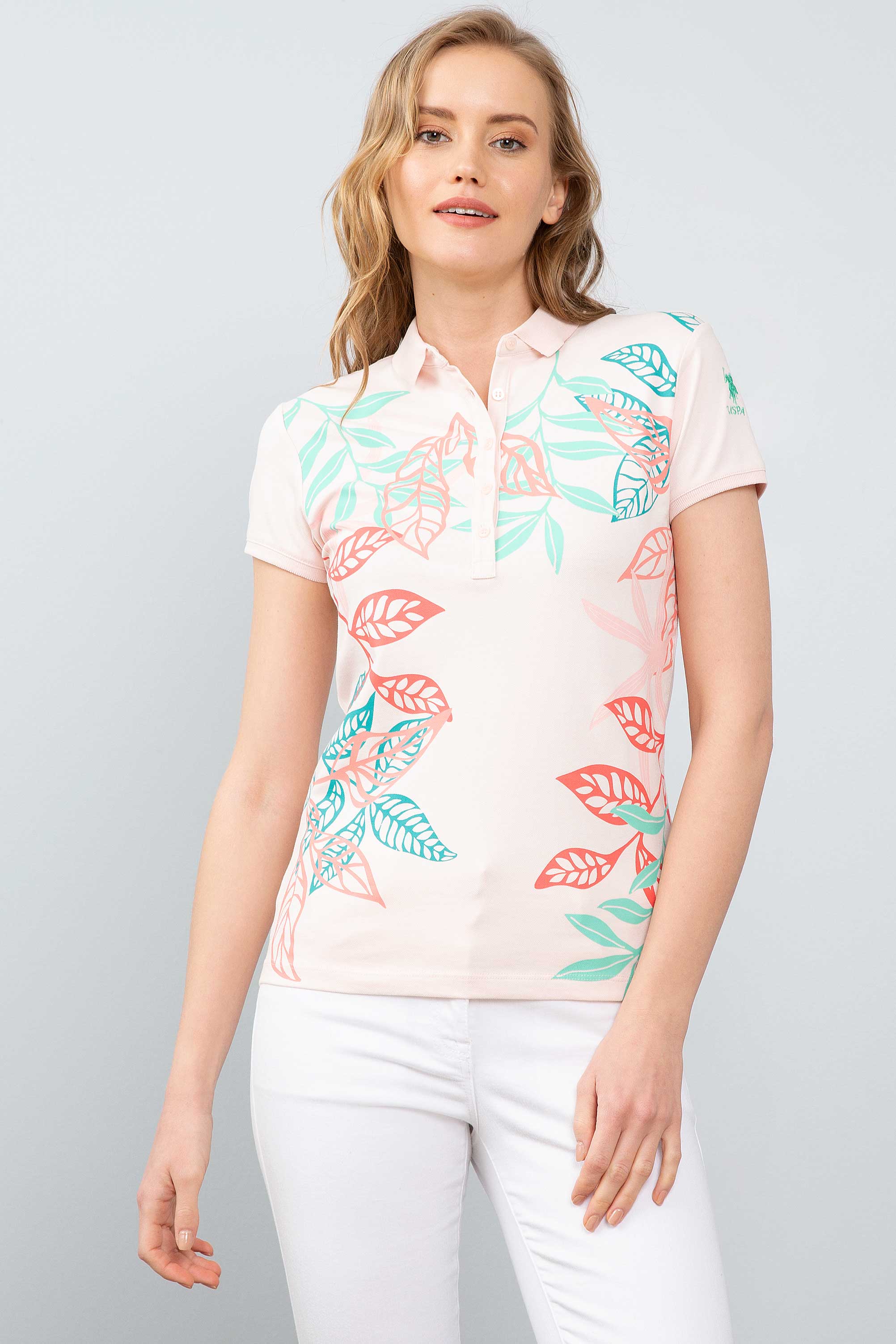 Kadın Pembe Polo Yaka T-Shirt - Image 1