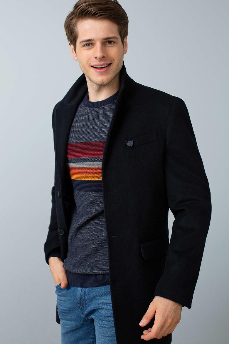 Erkek Lacivert Uzun Slim Kaban