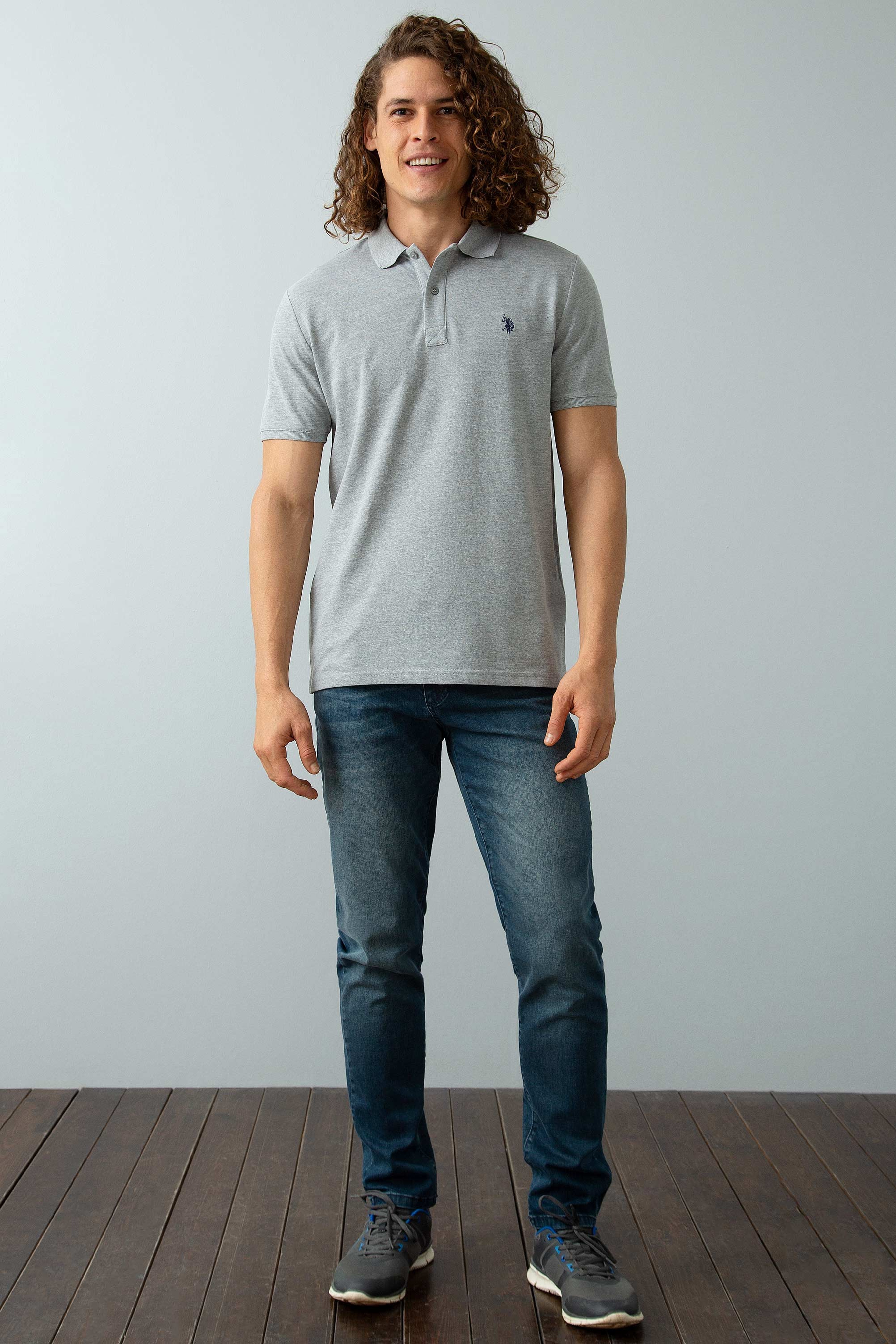 Erkek Gri Melanj Polo Yaka Basic T-Shirt - Image 2