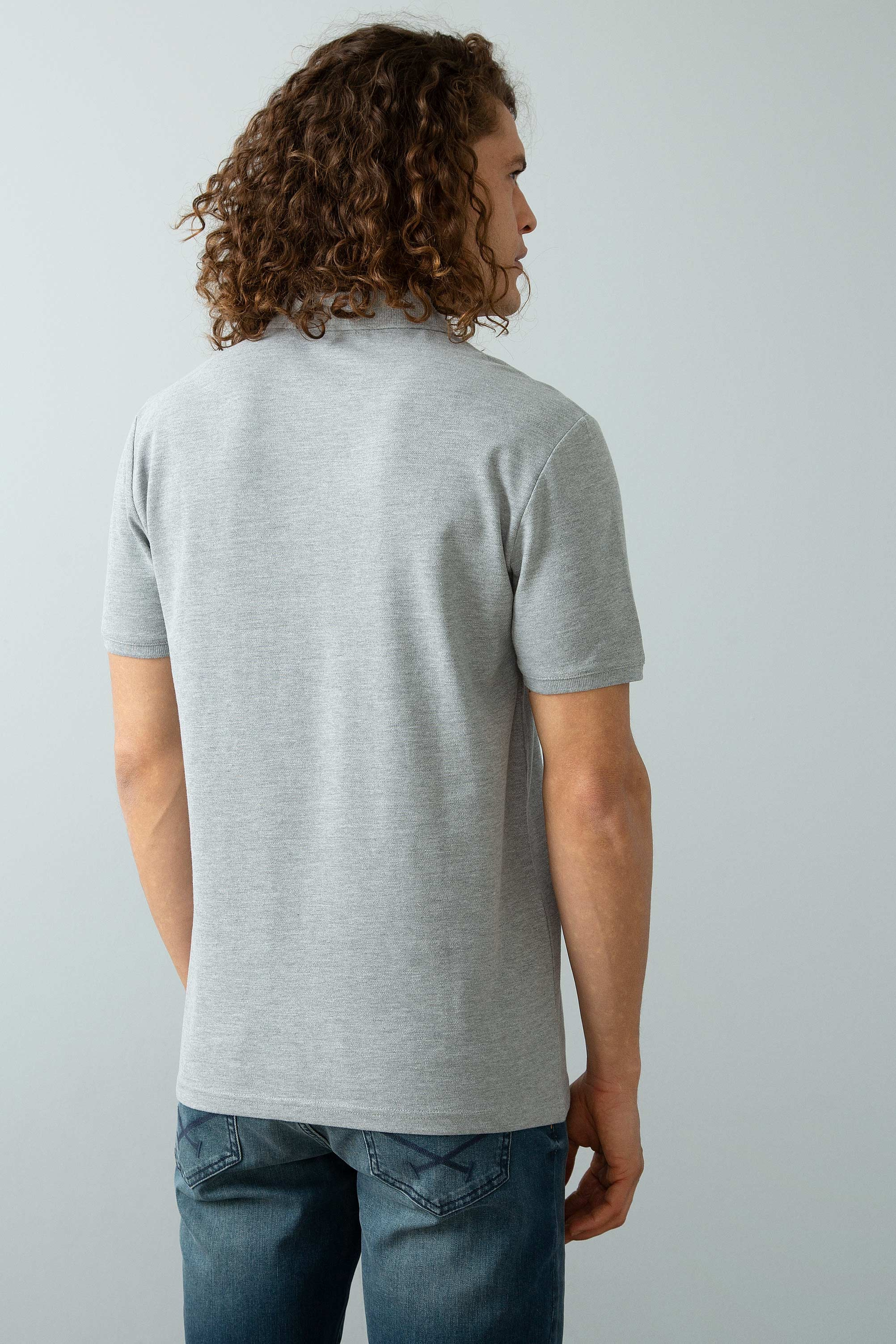 Erkek Gri Melanj Polo Yaka Basic T-Shirt