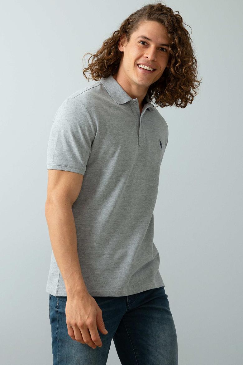 Erkek Gri Melanj Polo Yaka Basic T-Shirt