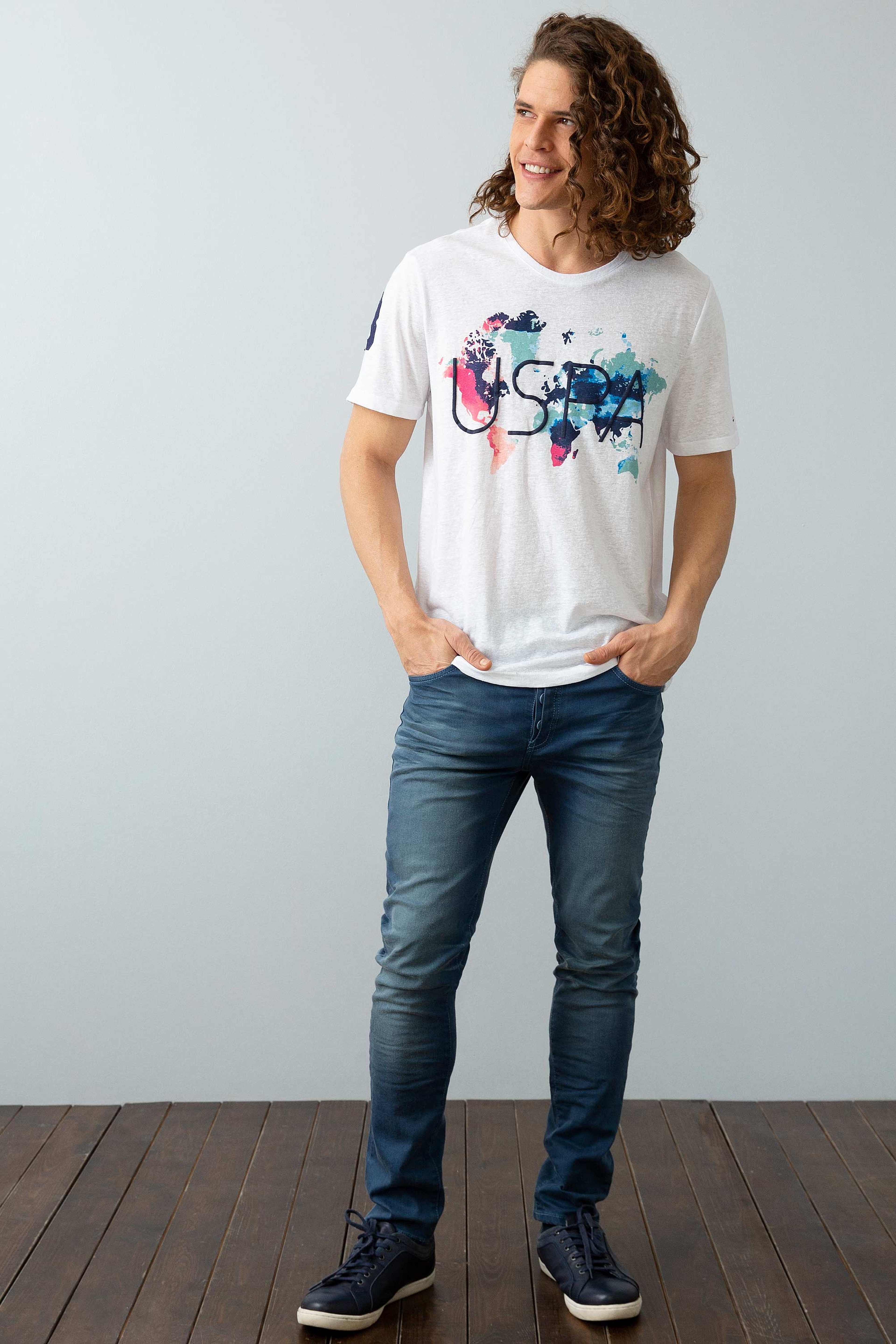 Erkek Beyaz Bisiklet Yaka T-Shirt - Image 4