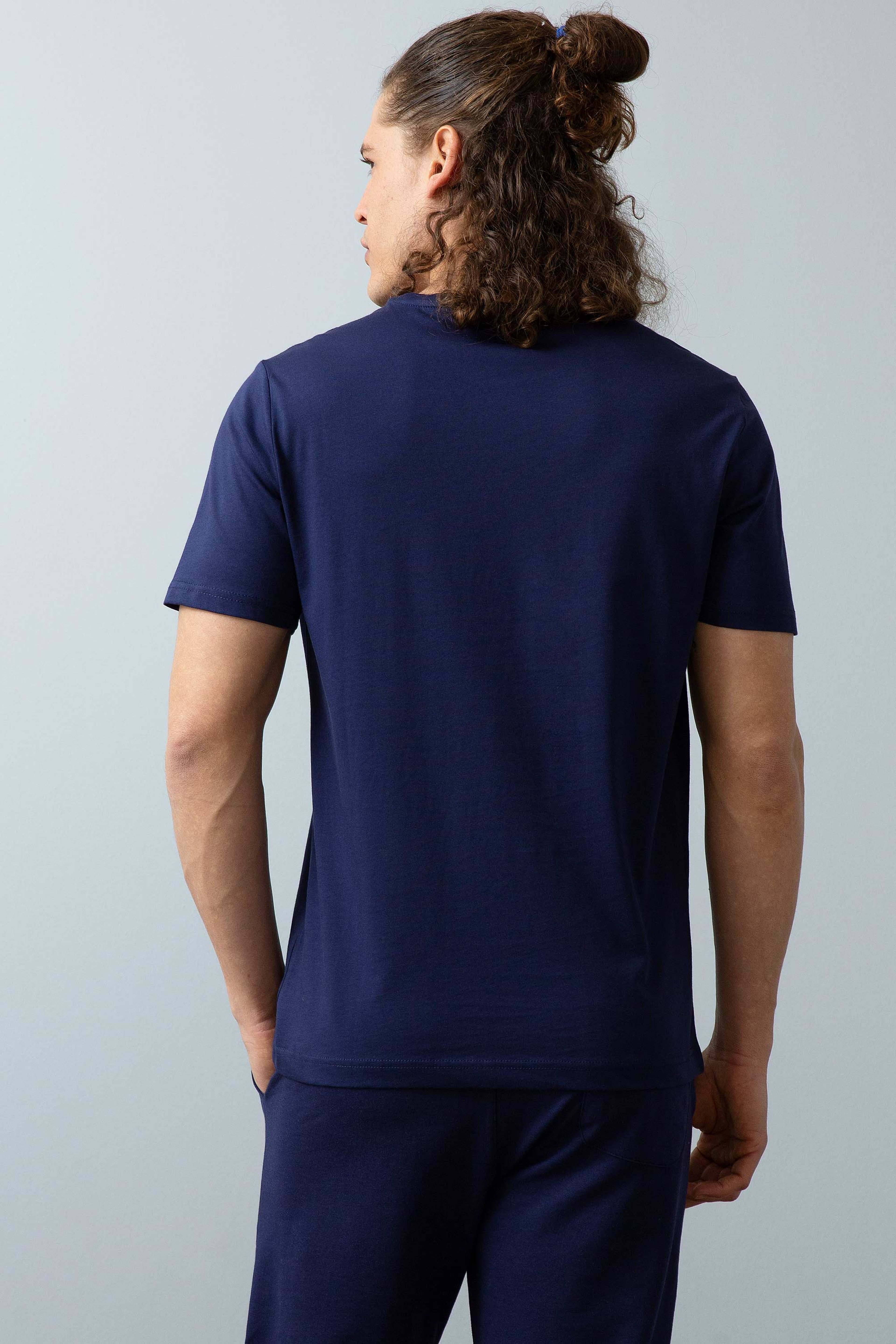Erkek Lacivert Bisiklet Yaka T-Shirt Basic - Image 4