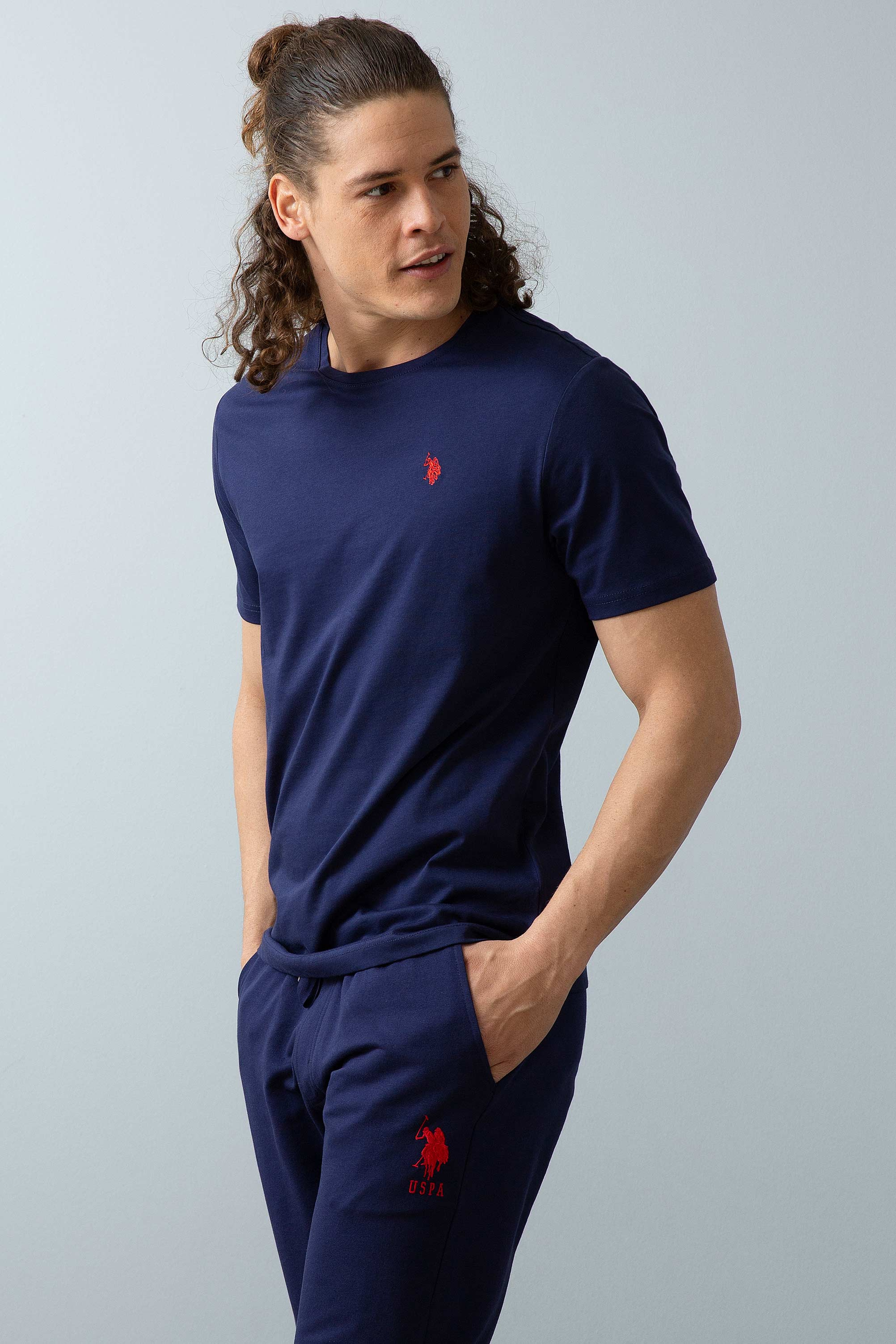 Erkek Lacivert Bisiklet Yaka T-Shirt Basic - Image 1