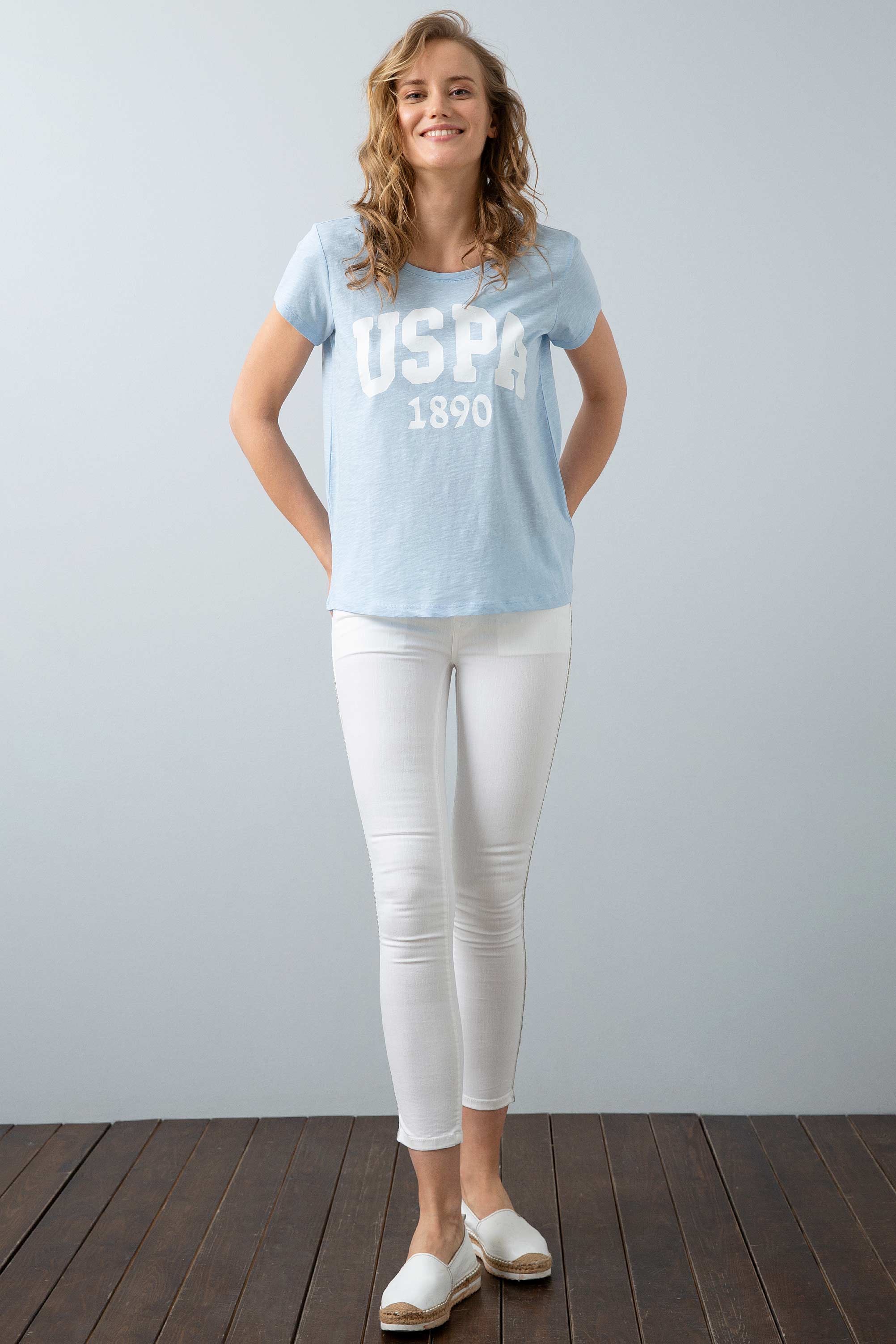Kadın Mavi Bisiklet Yaka T-Shirt - Image 3