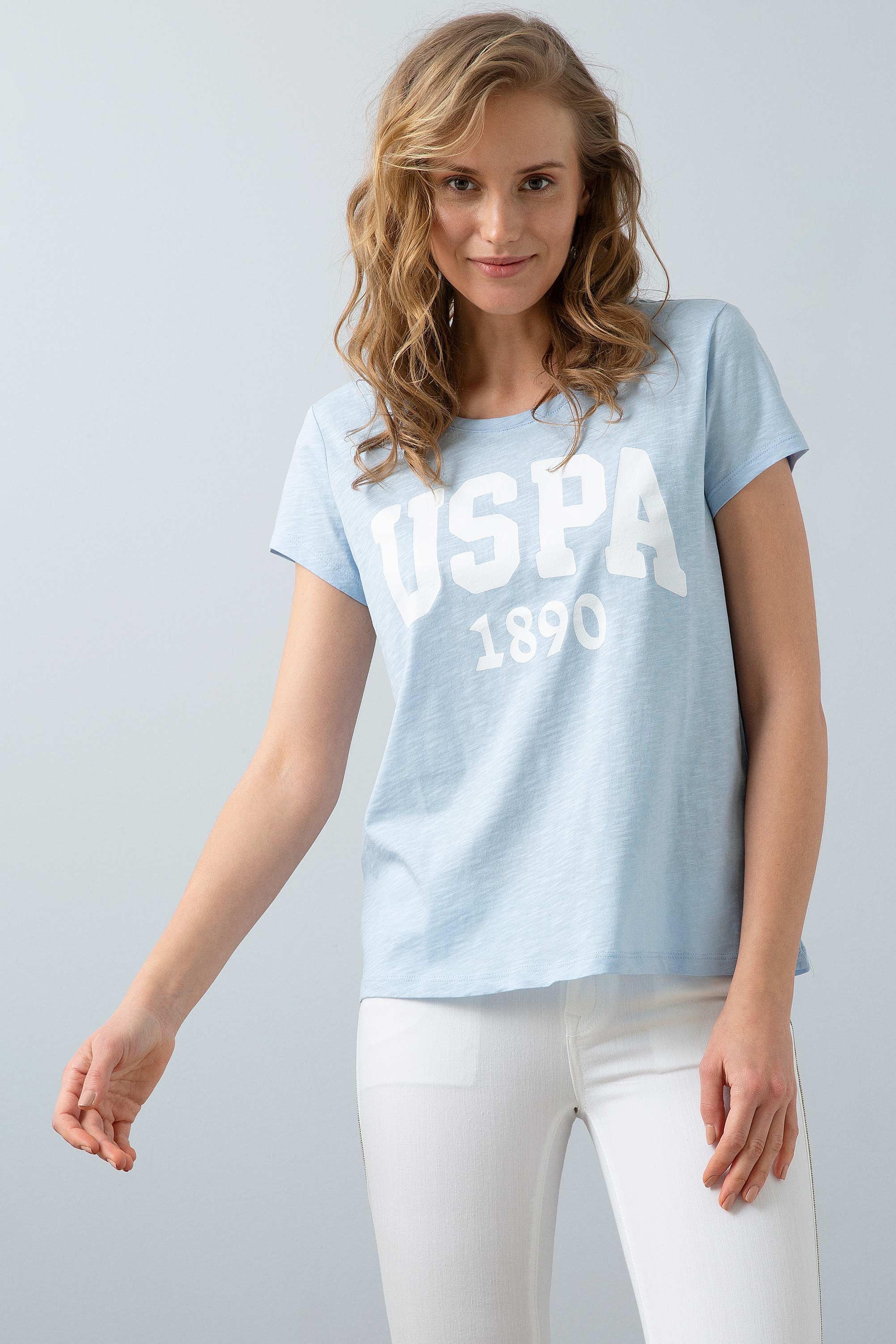 Kadın Mavi Bisiklet Yaka T-Shirt - Image 2