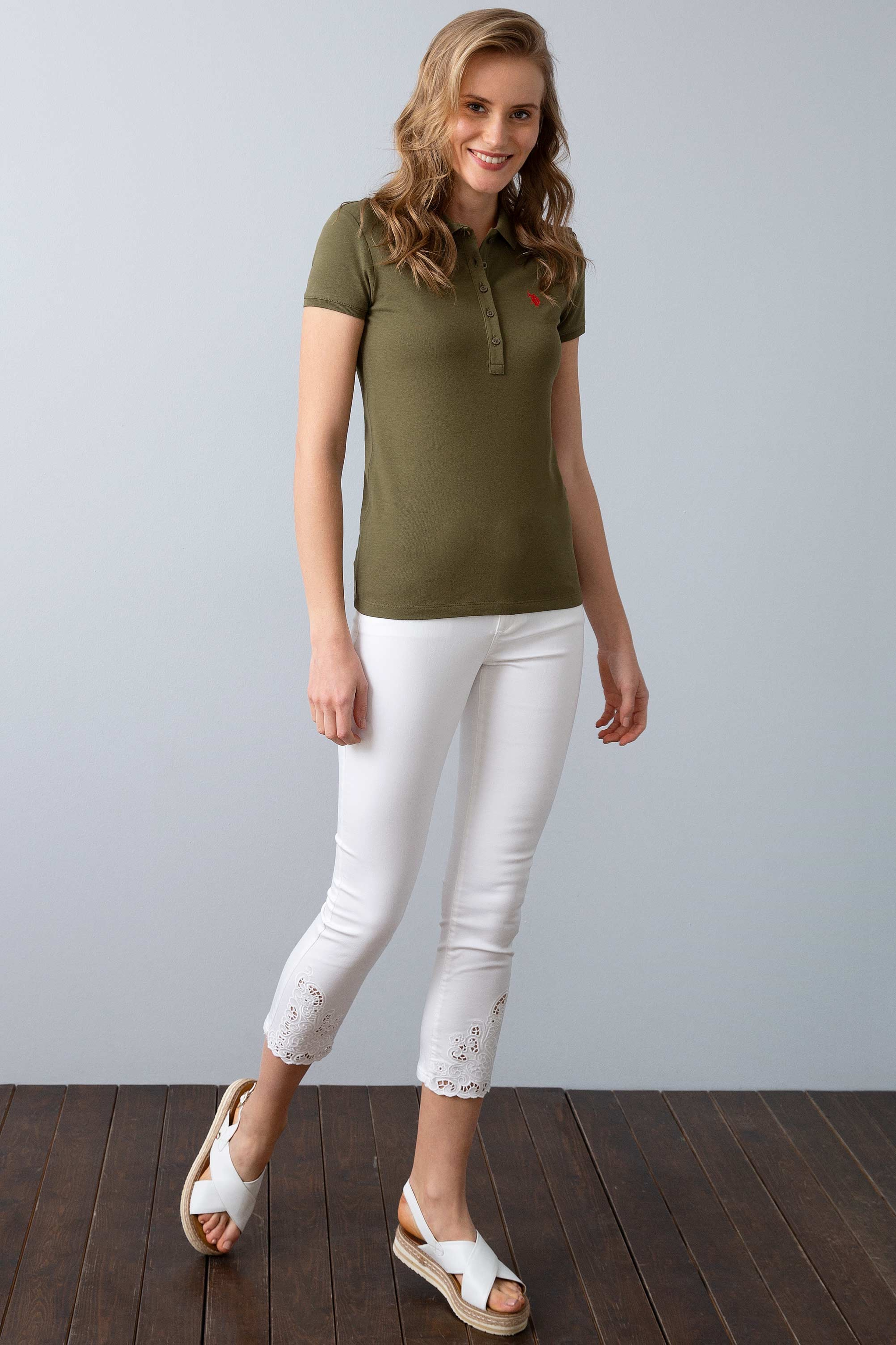 Kadın Yeşil Polo Yaka T-Shirt Basic - Image 5