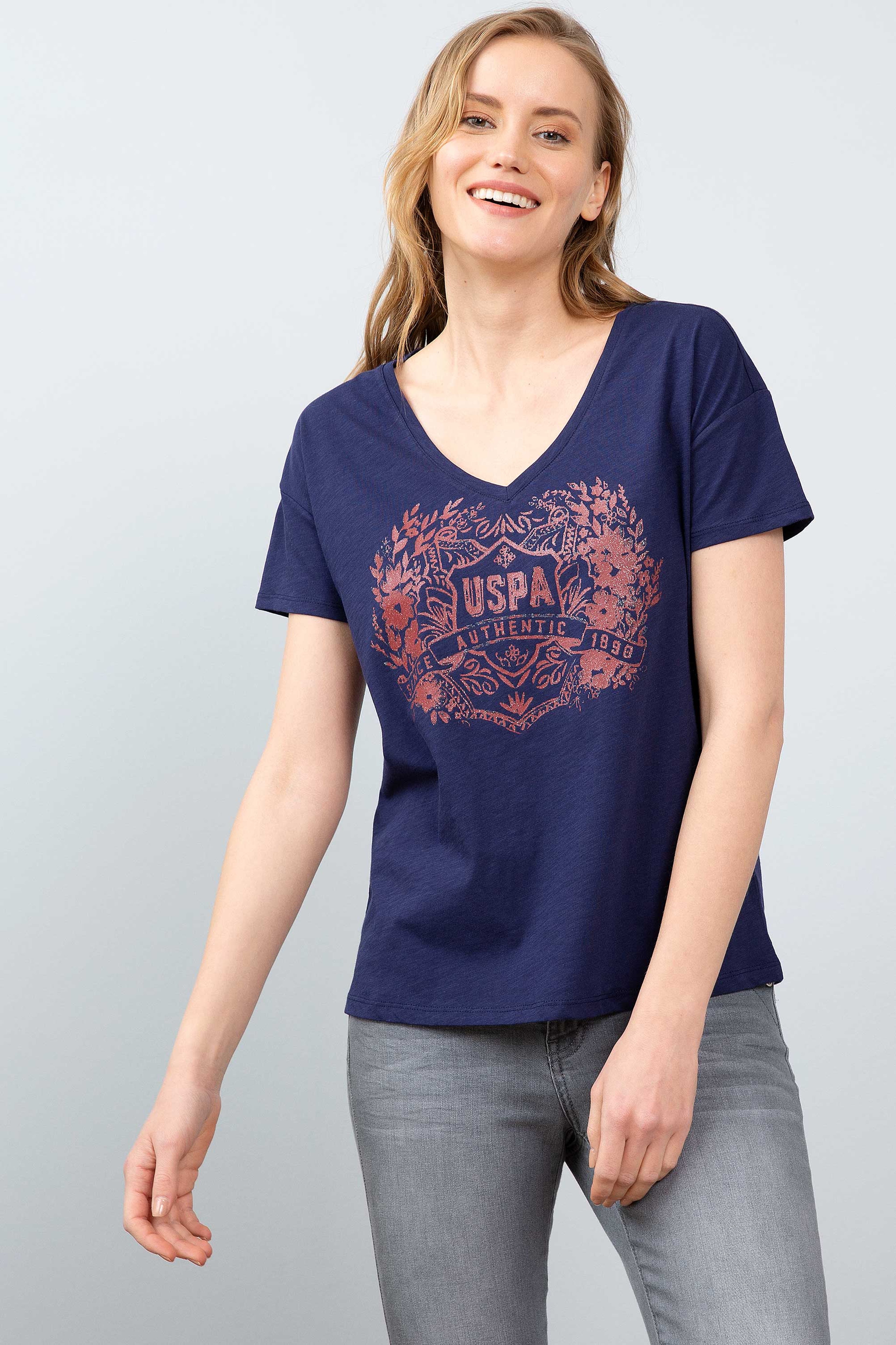 Kadın Lacivert V - Yaka T-Shirt - Image 2