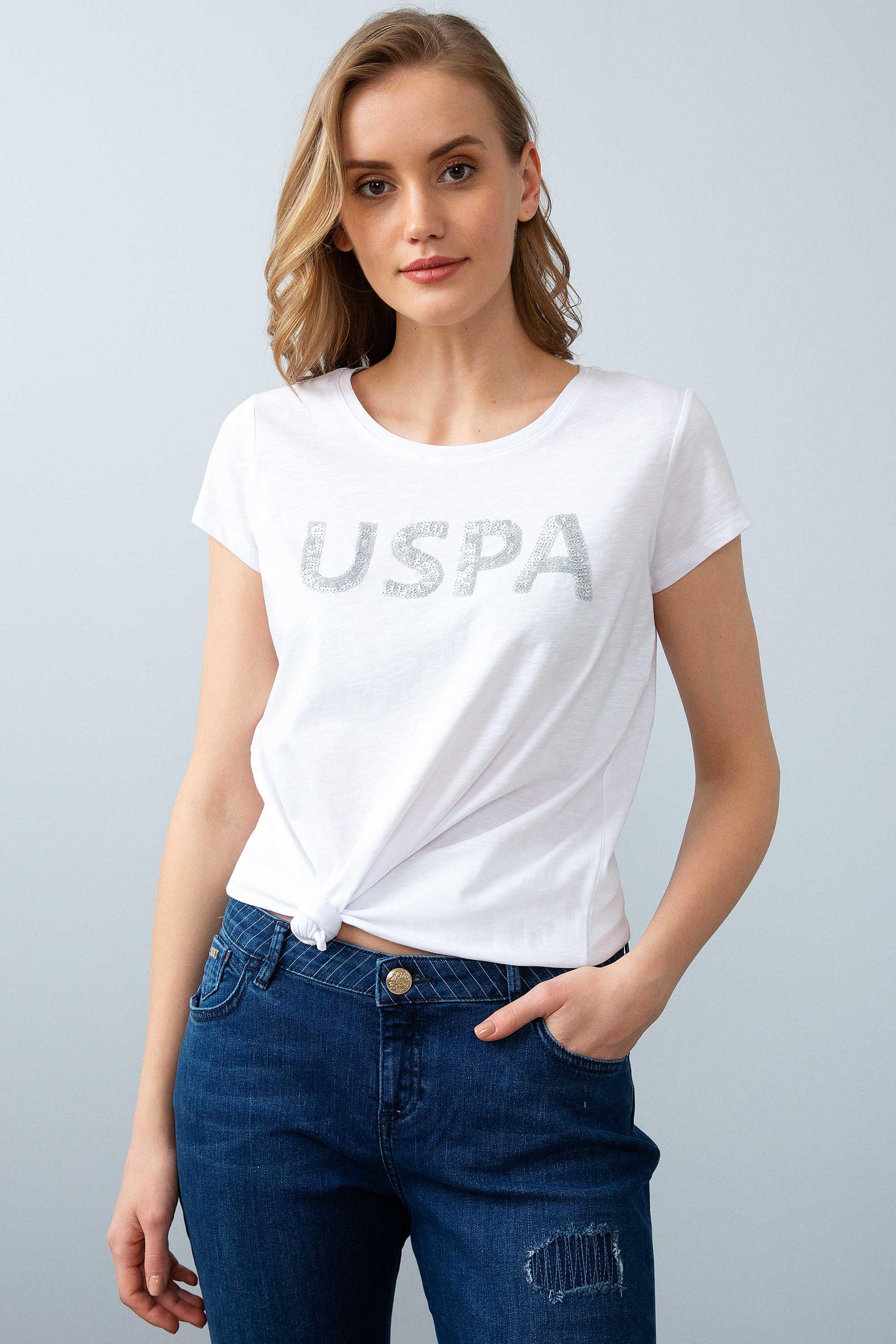 Kadın Beyaz Bisiklet Yaka T-Shirt - Image 1