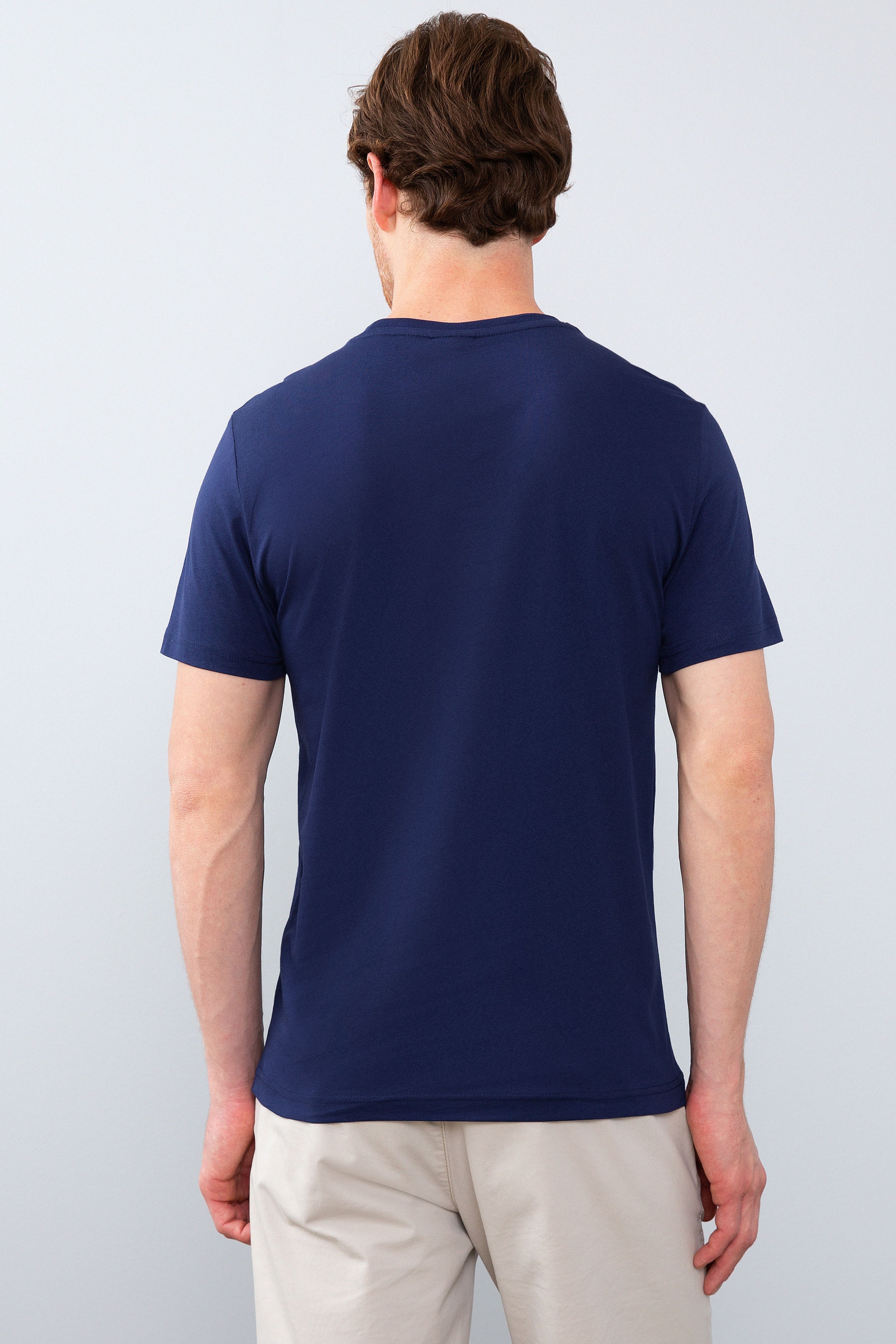 Erkek Lacivert Bisiklet Yaka T-Shirt Basic - Image 3