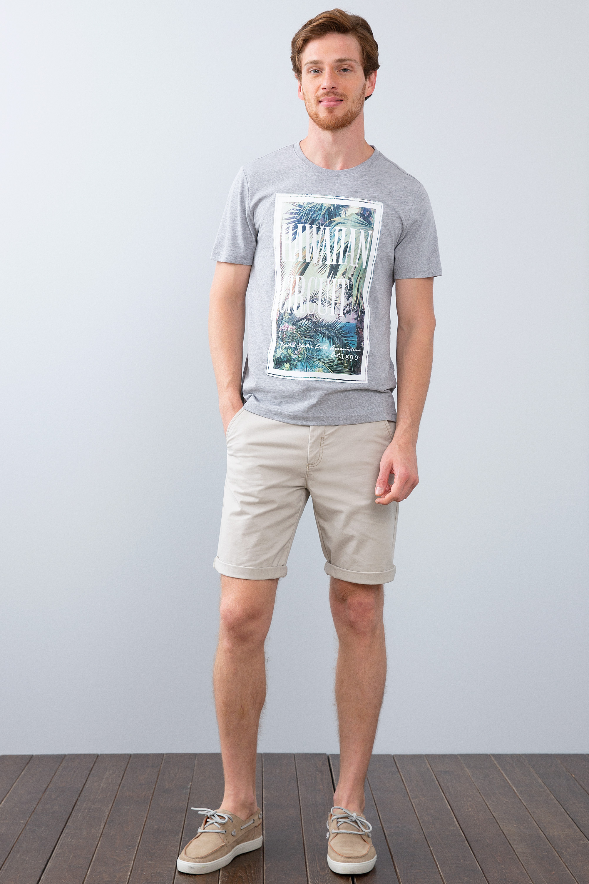 Erkek Gri Melanj Bisiklet Yaka T-Shirt