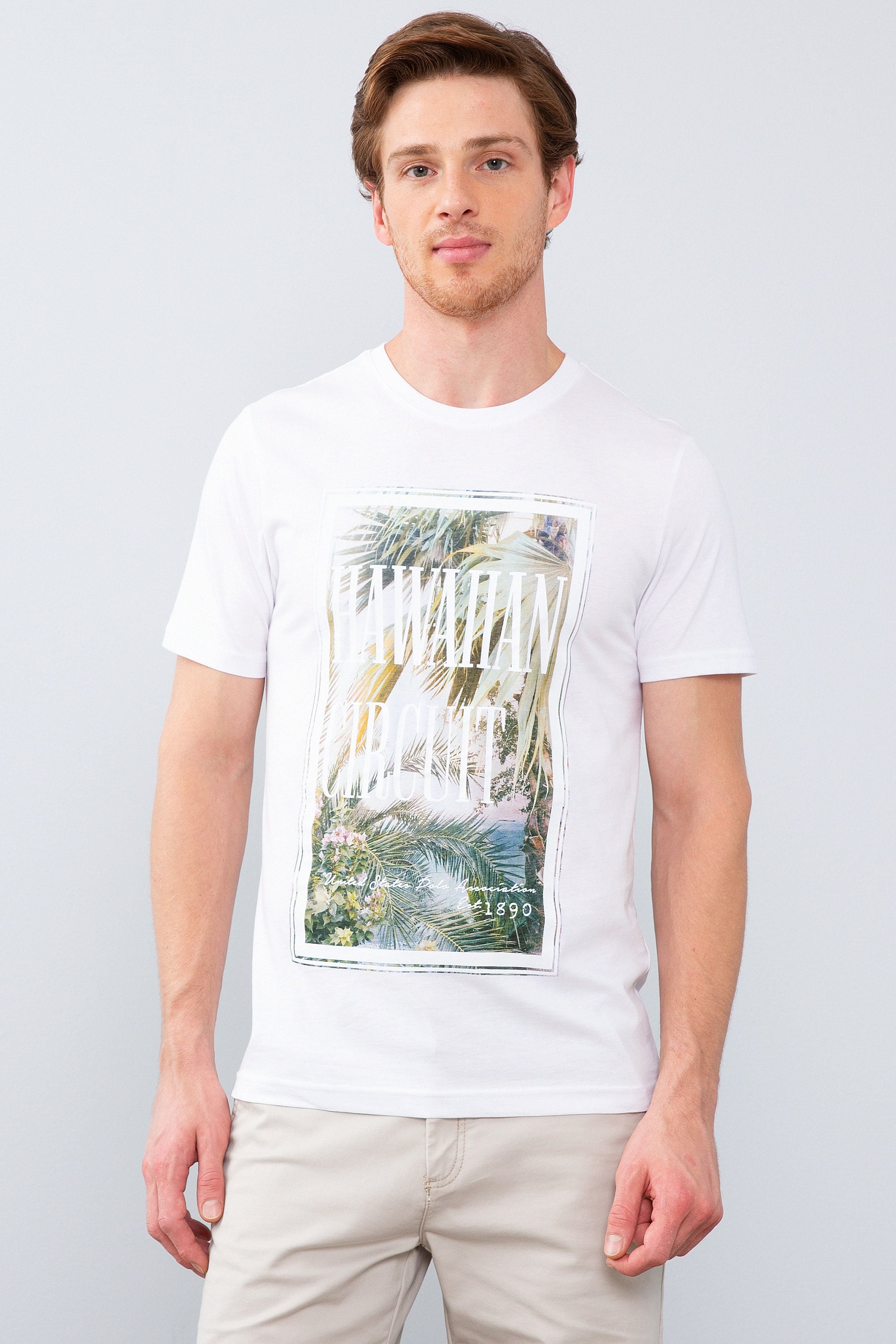 Erkek Beyaz Bisiklet Yaka T-Shirt - Image 1