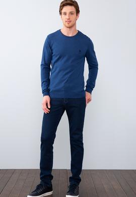 Erkek İndigo Bisiklet Yaka Basic Triko Kazak - 50206752010