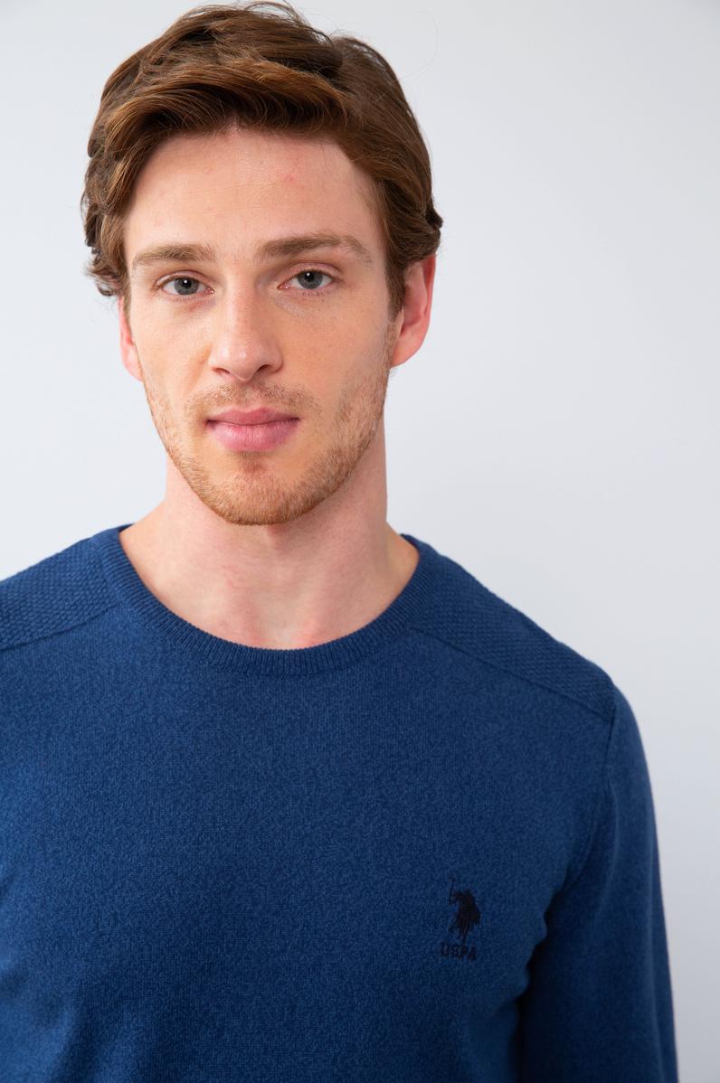 Erkek İndigo Bisiklet Yaka Basic Triko Kazak