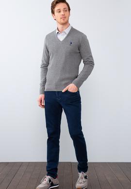 Erkek Gri Melanj V-Yaka Triko Kazak Basic - 50210287056