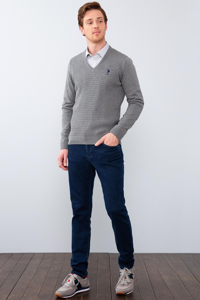 Erkek Gri Melanj V-Yaka Triko Kazak Basic - 50210287056