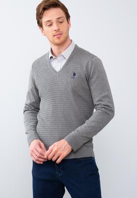 Erkek Gri Melanj V-Yaka Triko Kazak Basic - 50210287056