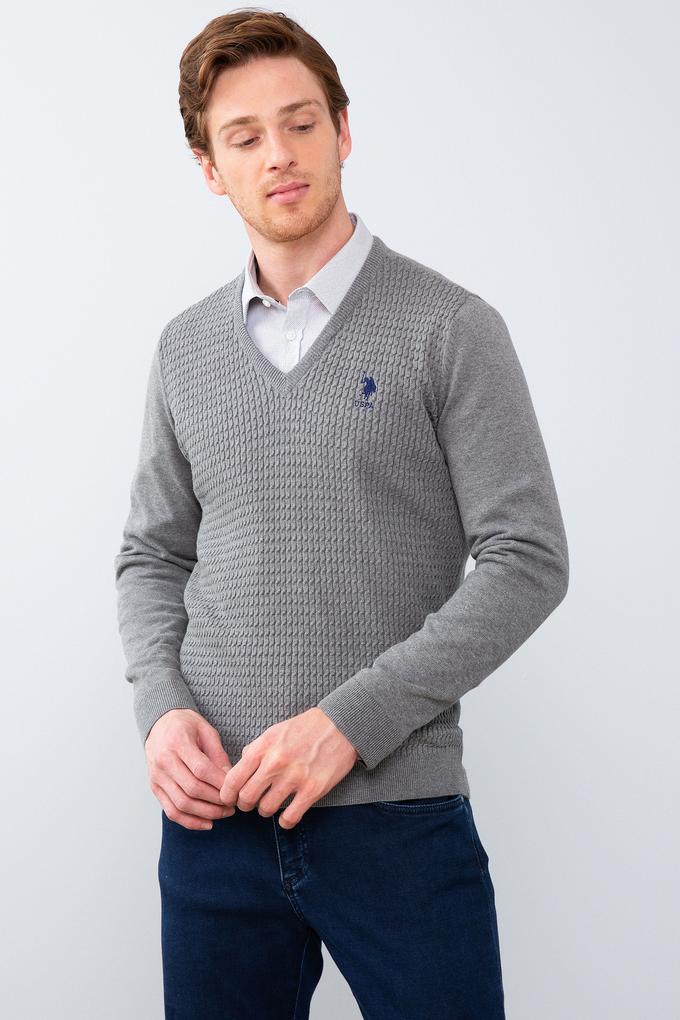 Erkek Gri Melanj V-Yaka Triko Kazak Basic