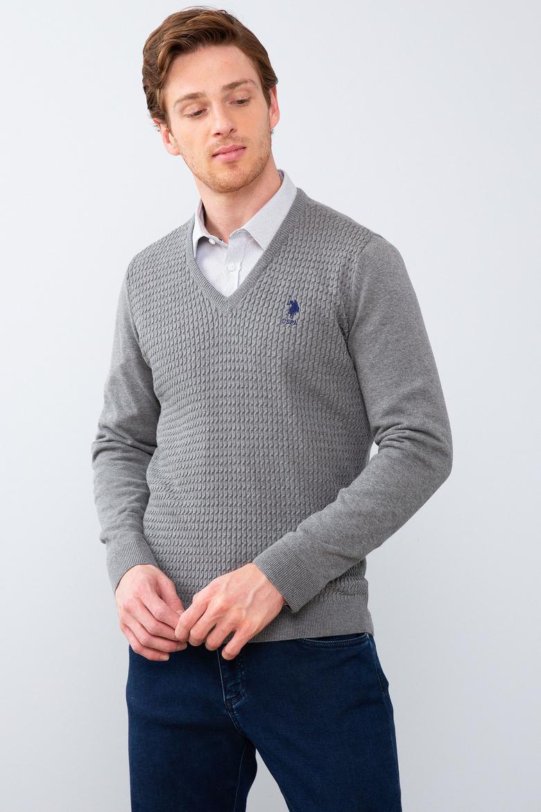 Erkek Gri Melanj V-Yaka Triko Kazak Basic