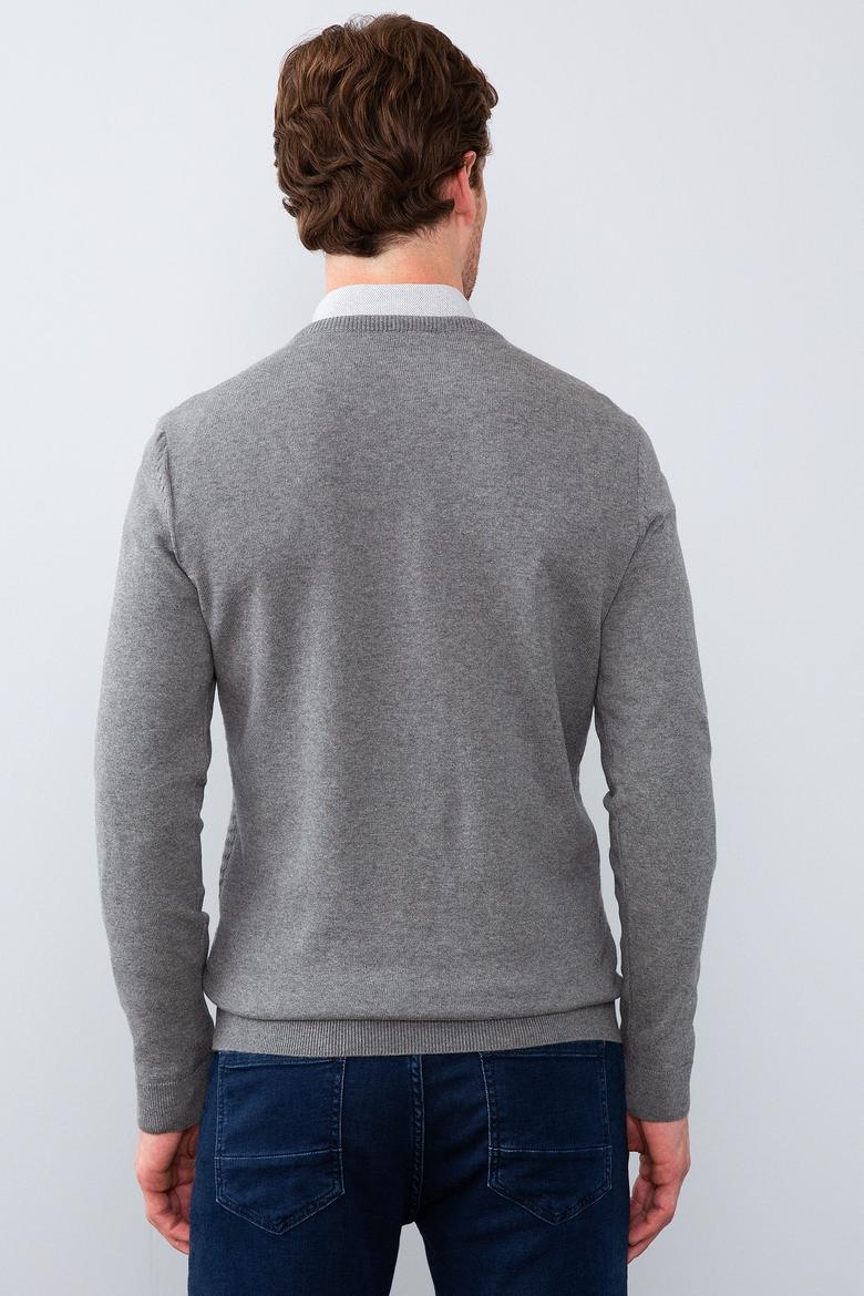 Erkek Gri Melanj V-Yaka Triko Kazak Basic - 50210287056