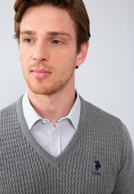 Erkek Gri Melanj V-Yaka Triko Kazak Basic - 50210287056