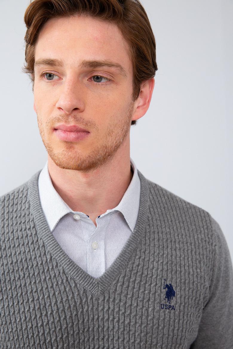 Erkek Gri Melanj V-Yaka Triko Kazak Basic - 50210287056