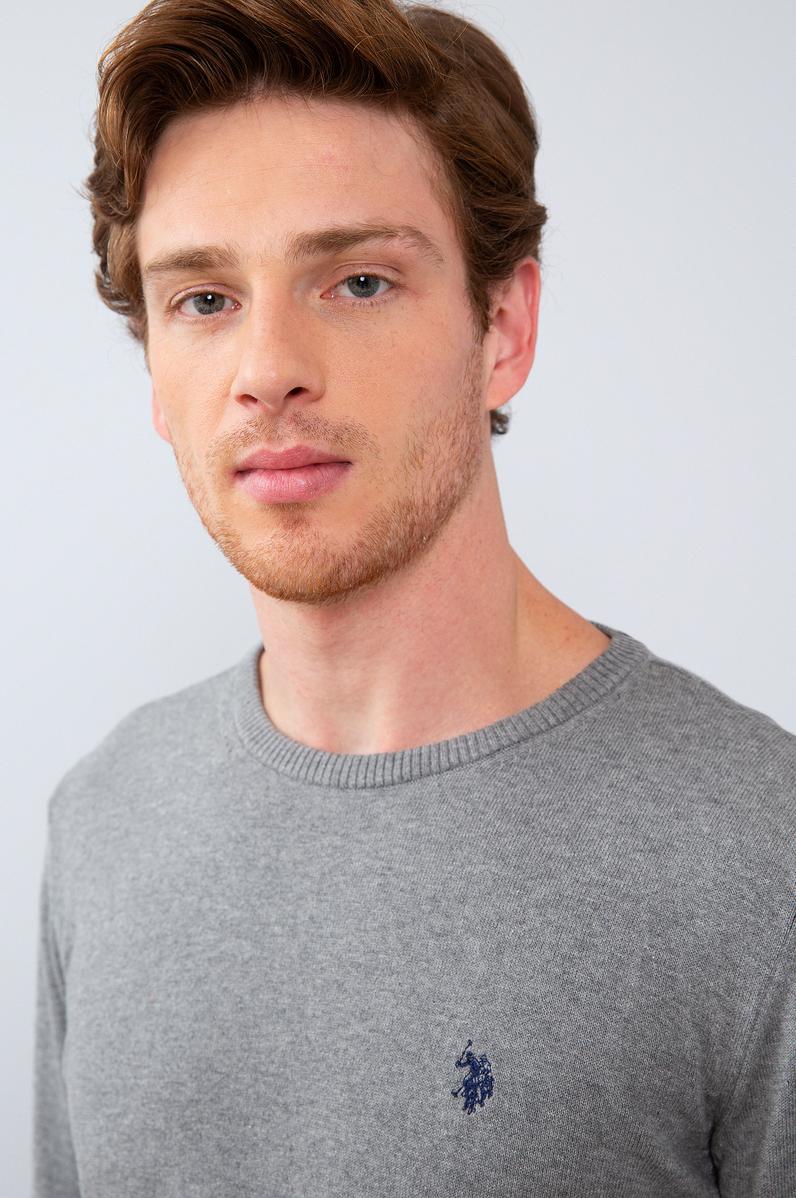 Erkek Gri Melanj Bisiklet Yaka Triko Kazak Basic