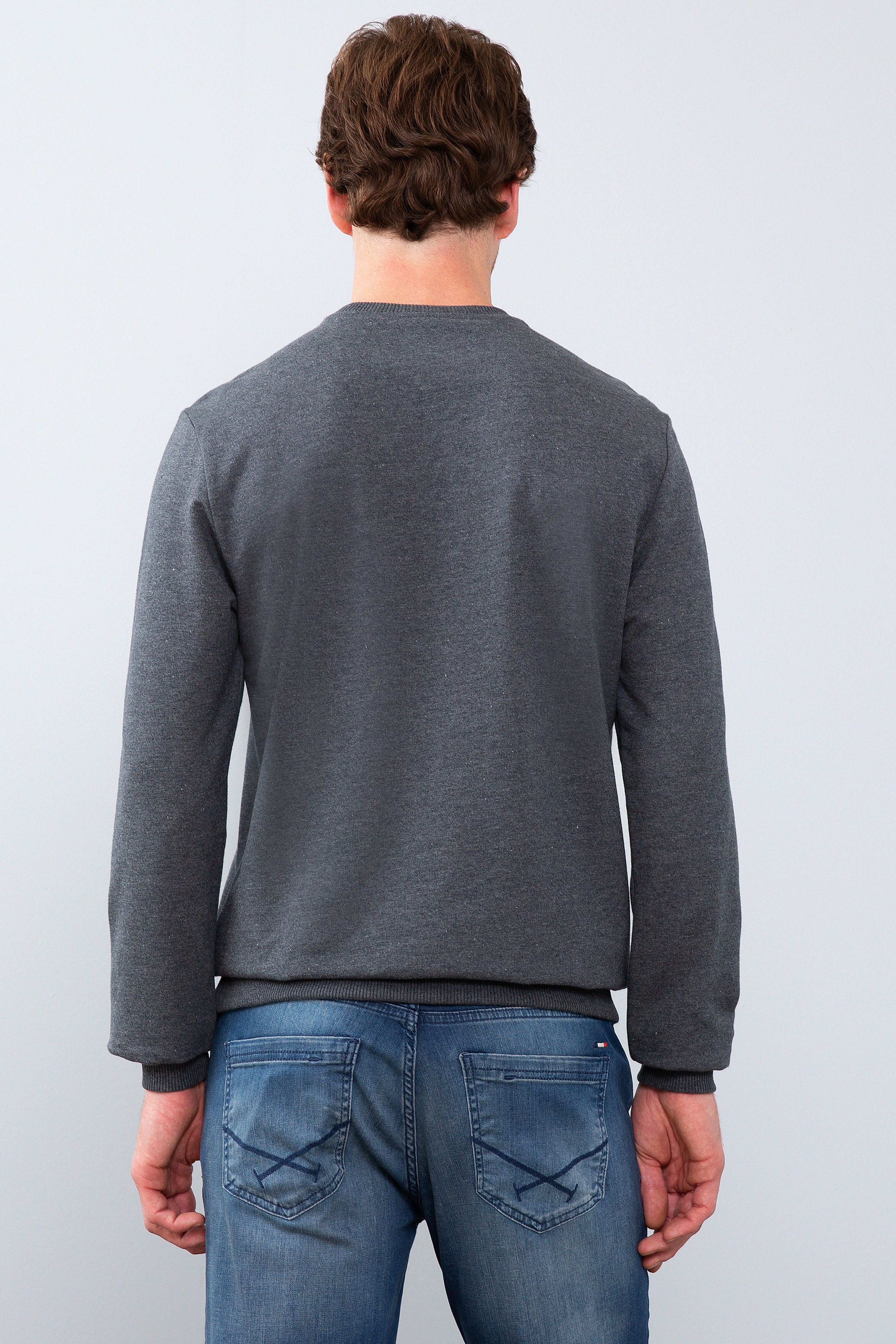 Erkek Koyu Gri Melanj Bisiklet Yaka Sweatshirt - Image 3