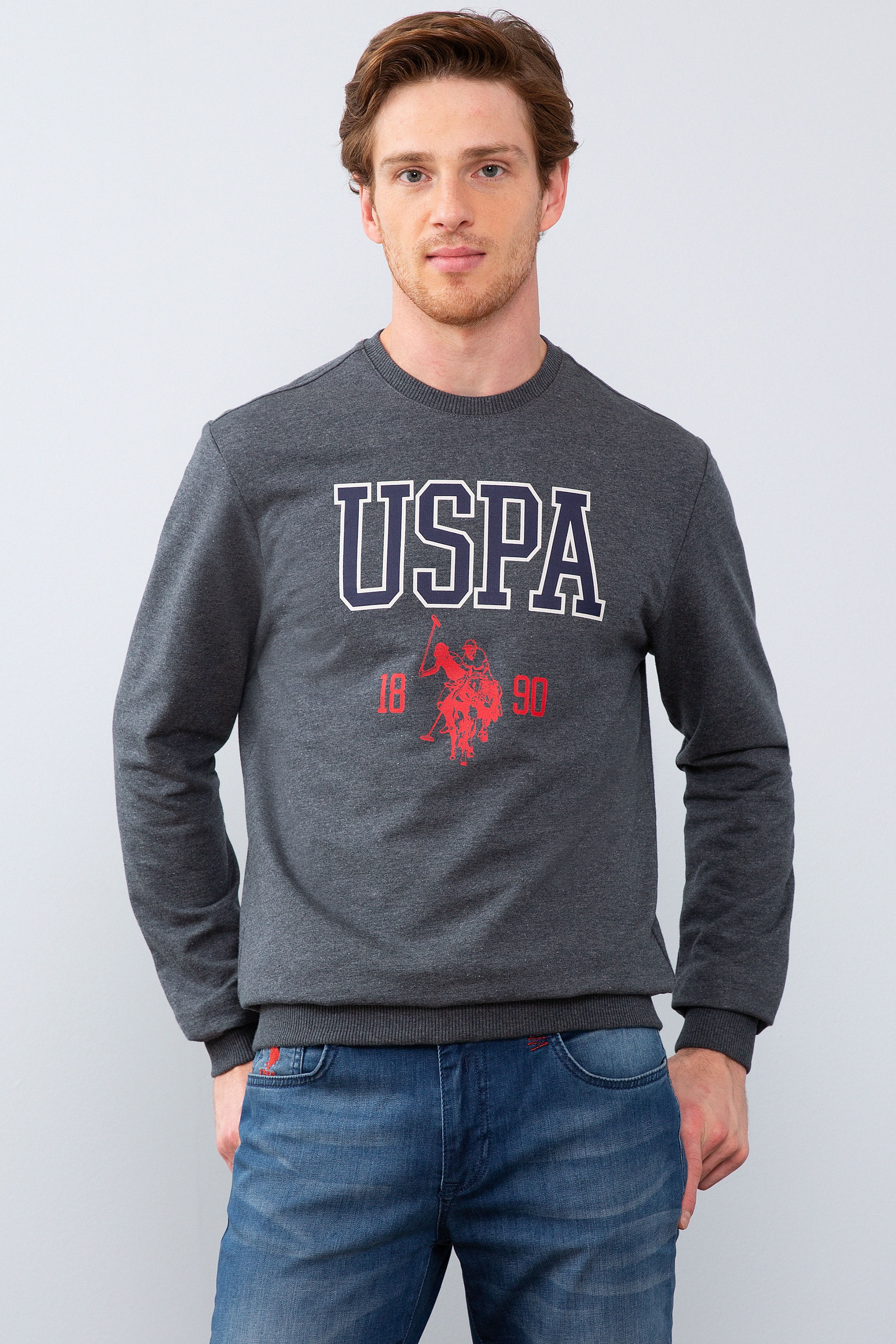 Erkek Koyu Gri Melanj Bisiklet Yaka Sweatshirt - Image 1